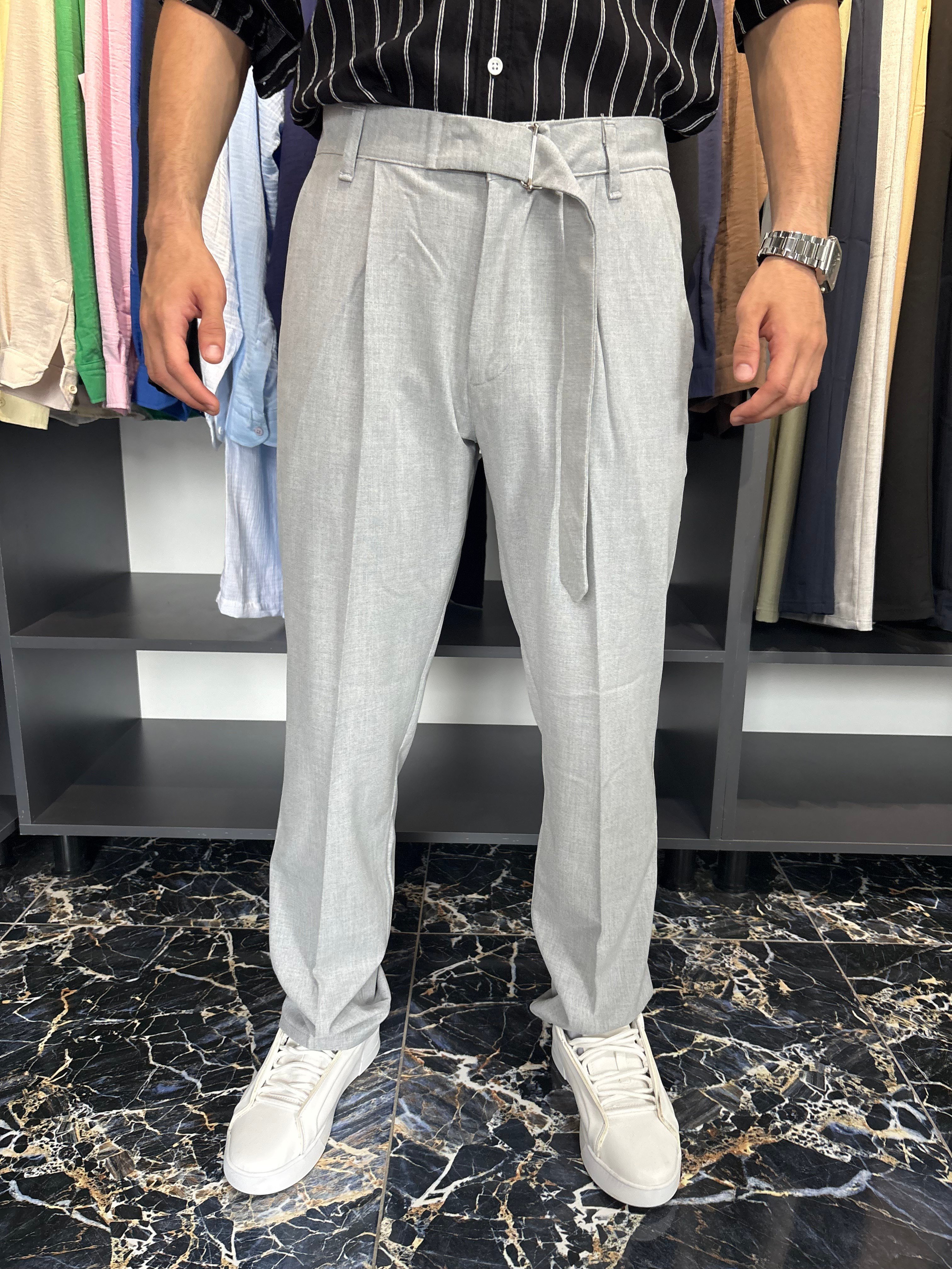 Kemer Detaylı Baggy Kumaş Pantolon Gri
