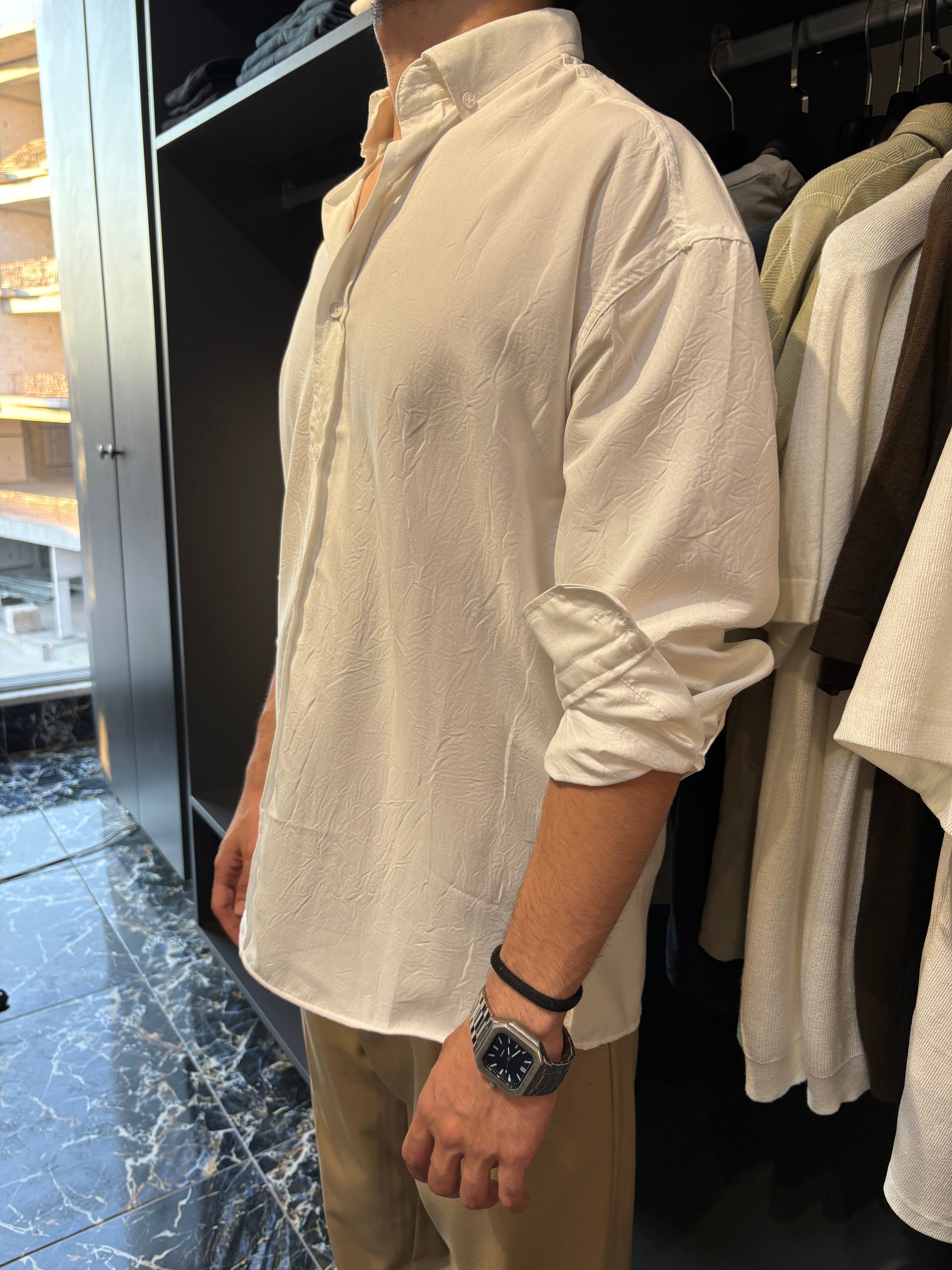 Kırışık Efektli Uzun Kol Gömlek Beyaz