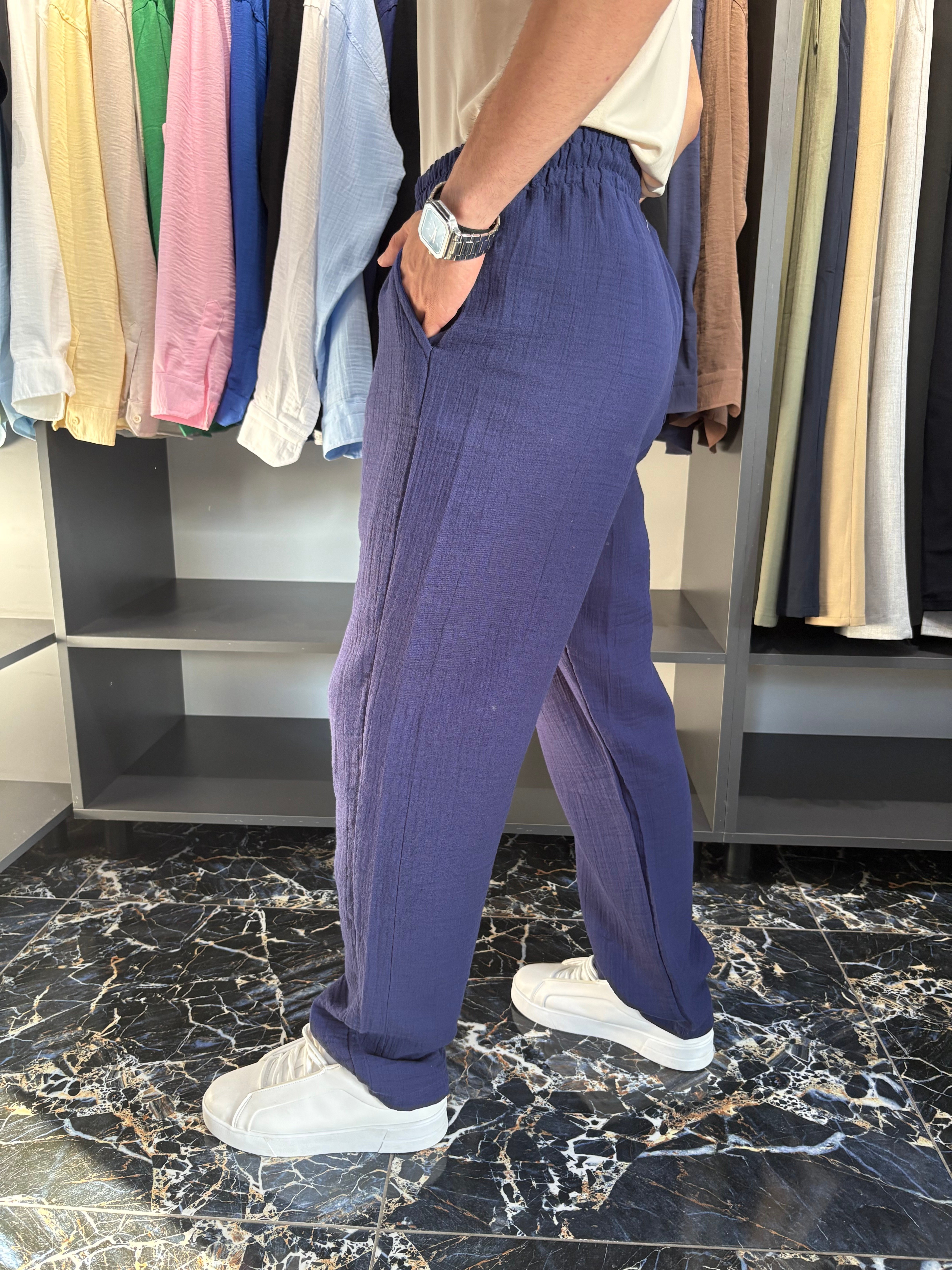Lenasso Müslin Keten Pantolon Baggy Lacivert