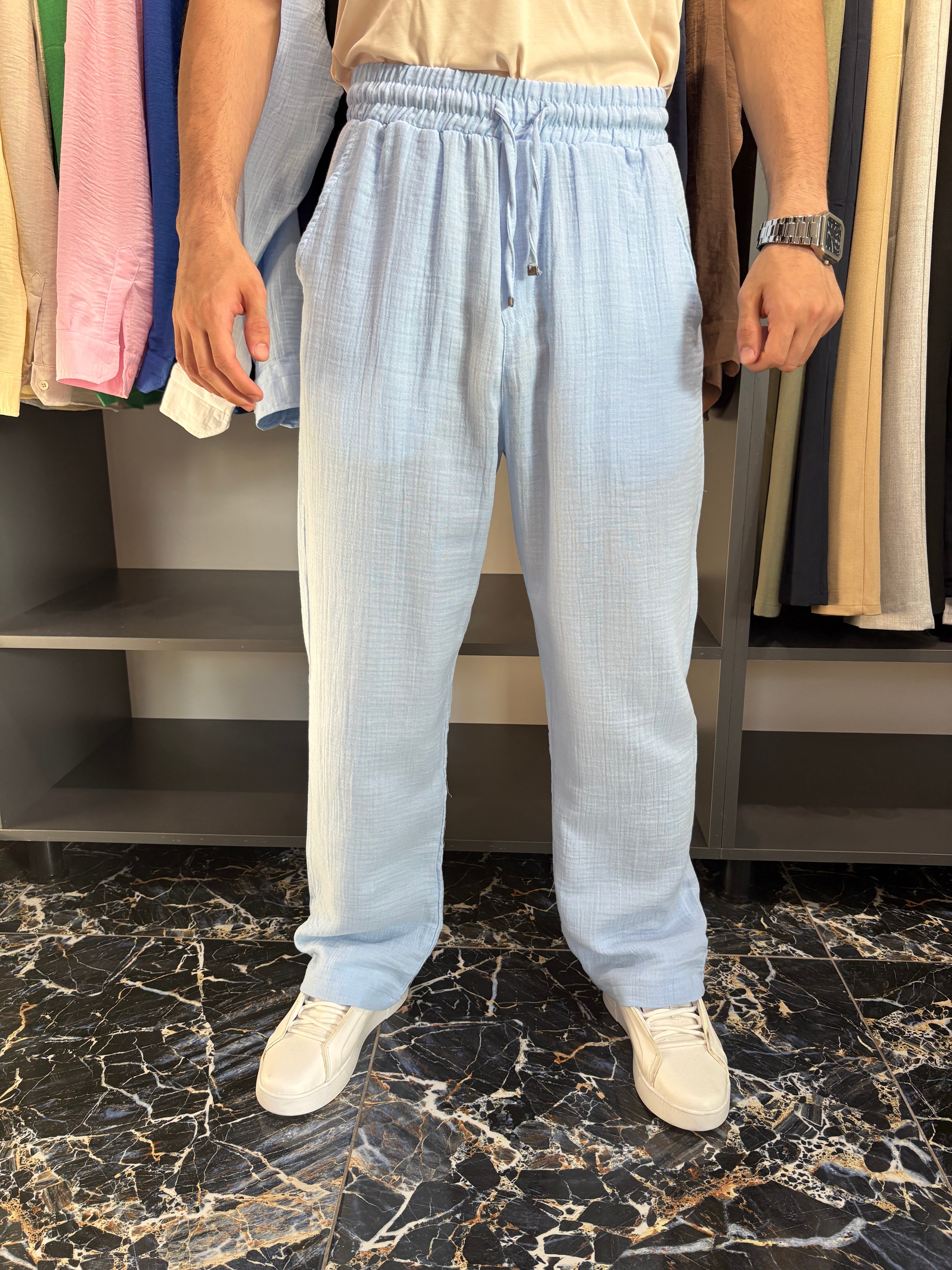 Lenasso Müslin Keten Pantolon Baggy Mavi