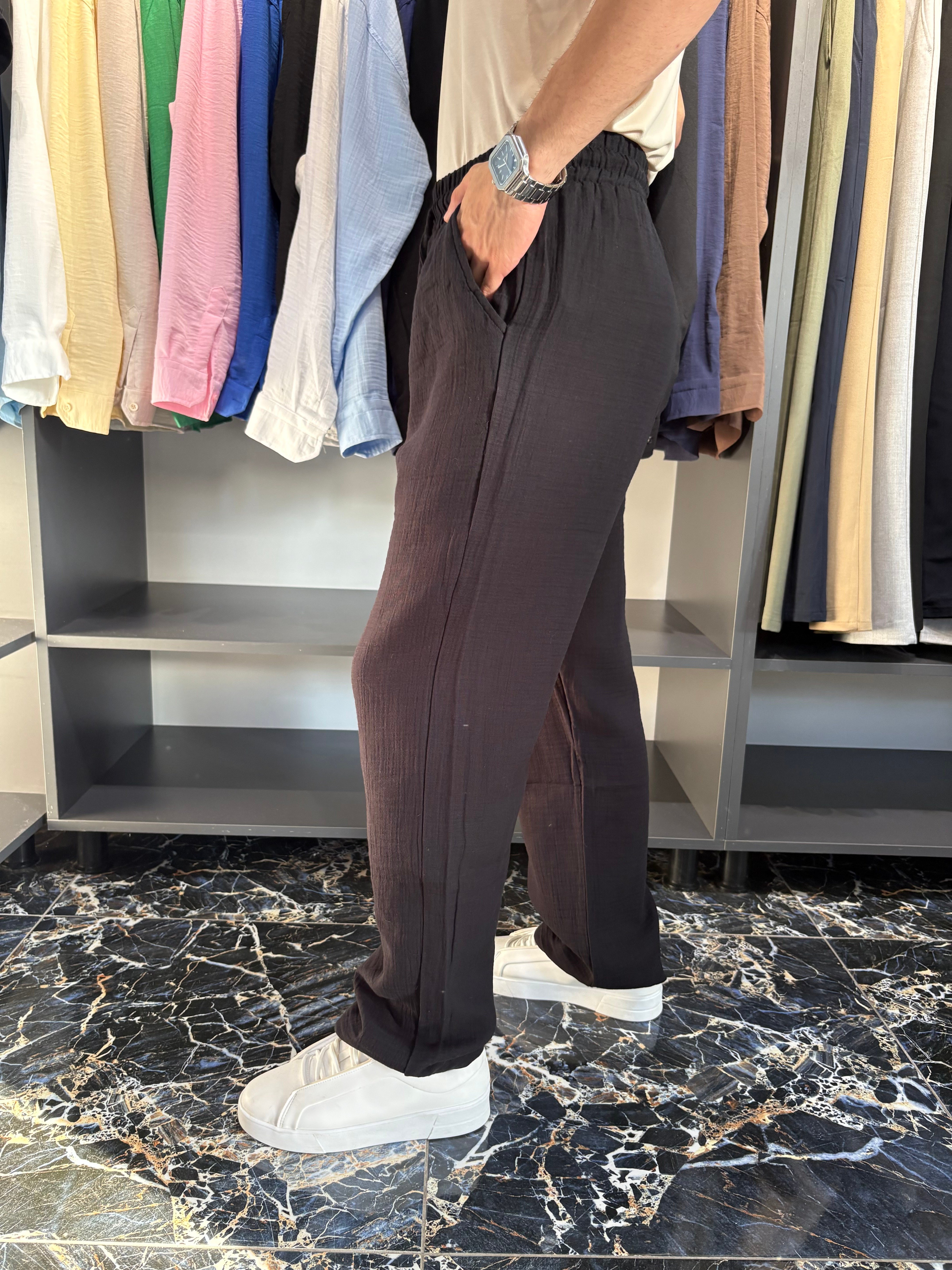 Lenasso Müslin Keten Pantolon Baggy Siyah