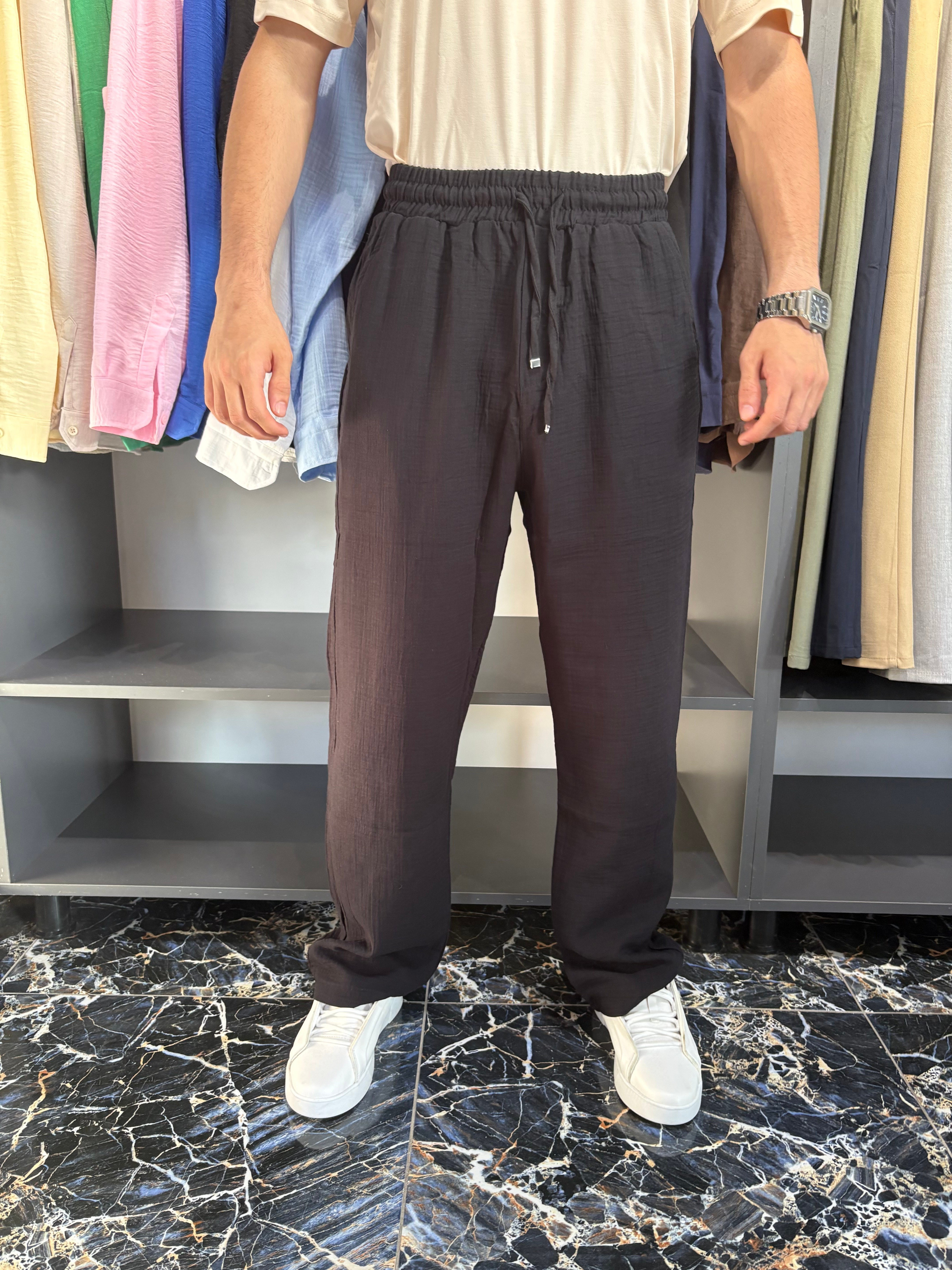 Lenasso Müslin Keten Pantolon Baggy Siyah