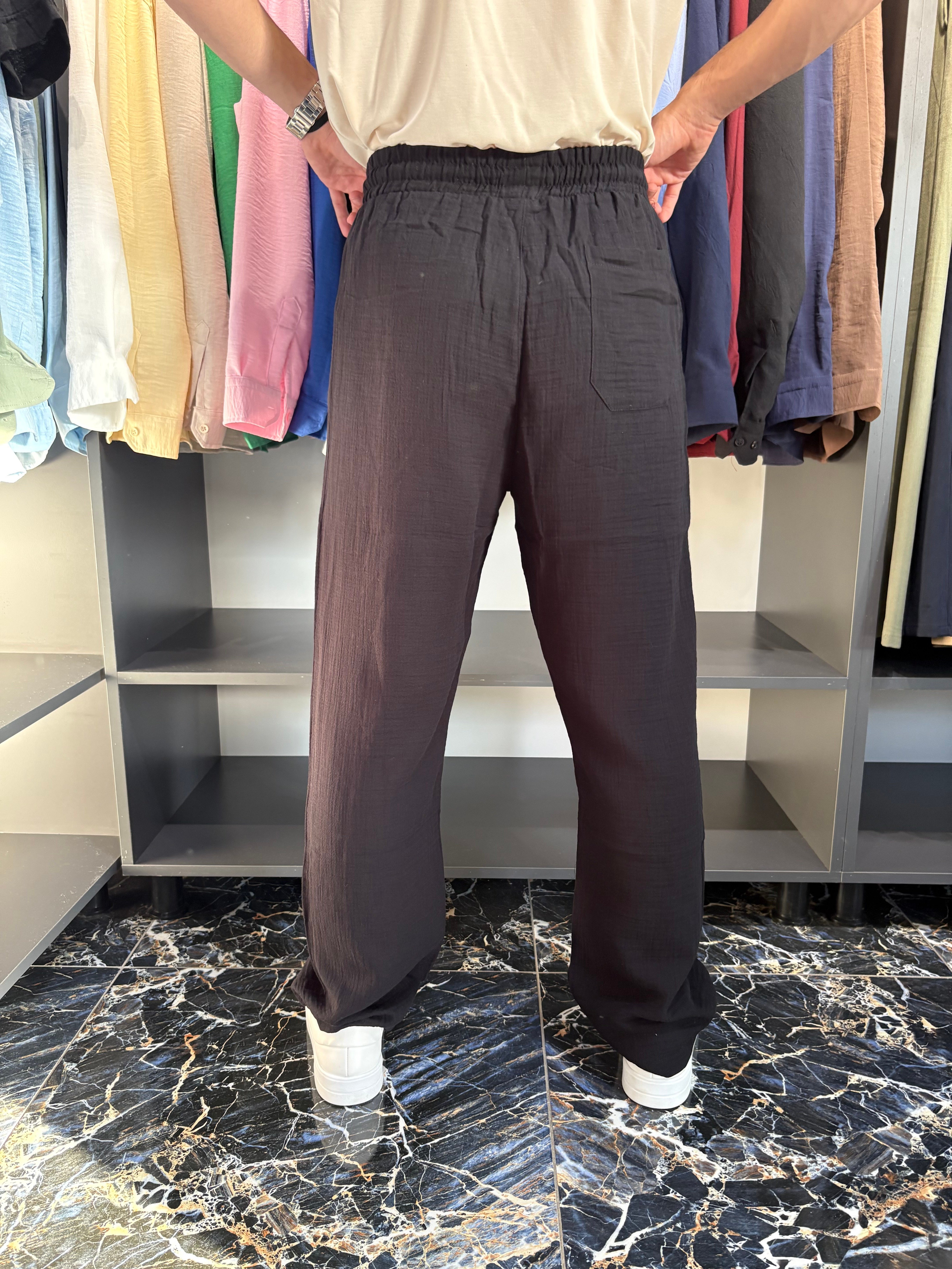 Lenasso Müslin Keten Pantolon Baggy Siyah