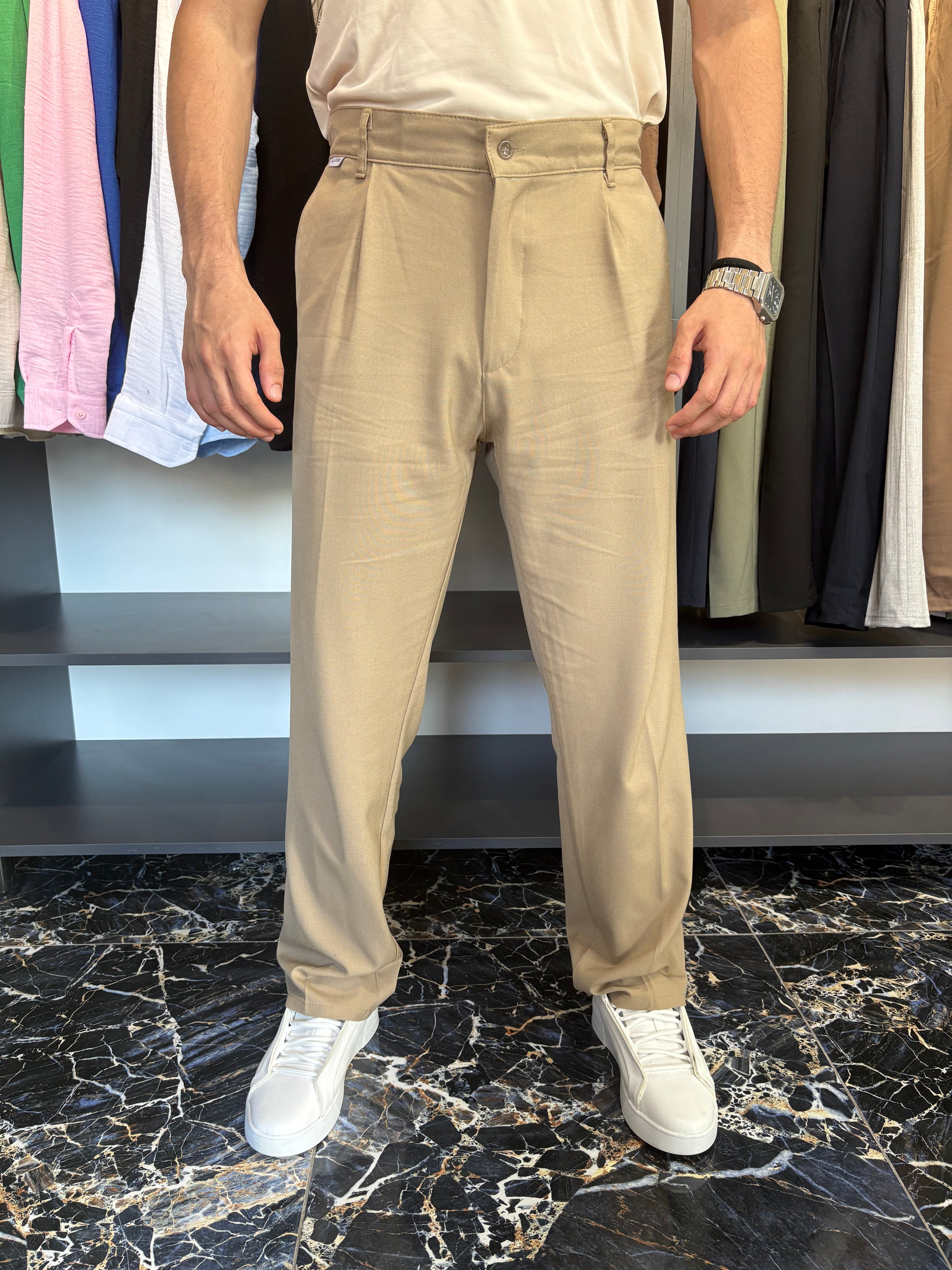 Tek Pile Detay Baggy Kumaş Pantolon Camel