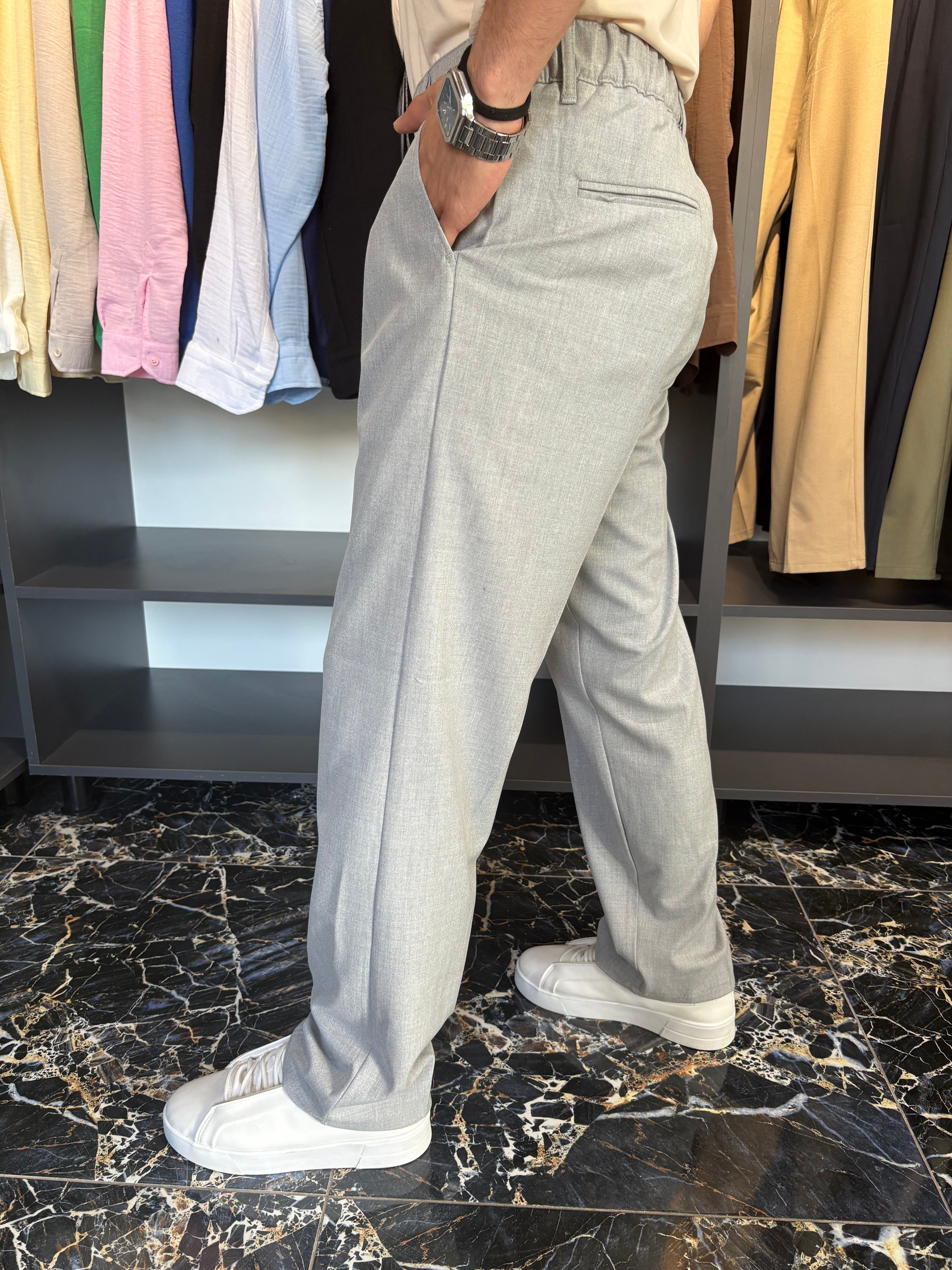 Tek Pile Detay Baggy Kumaş Pantolon Gri