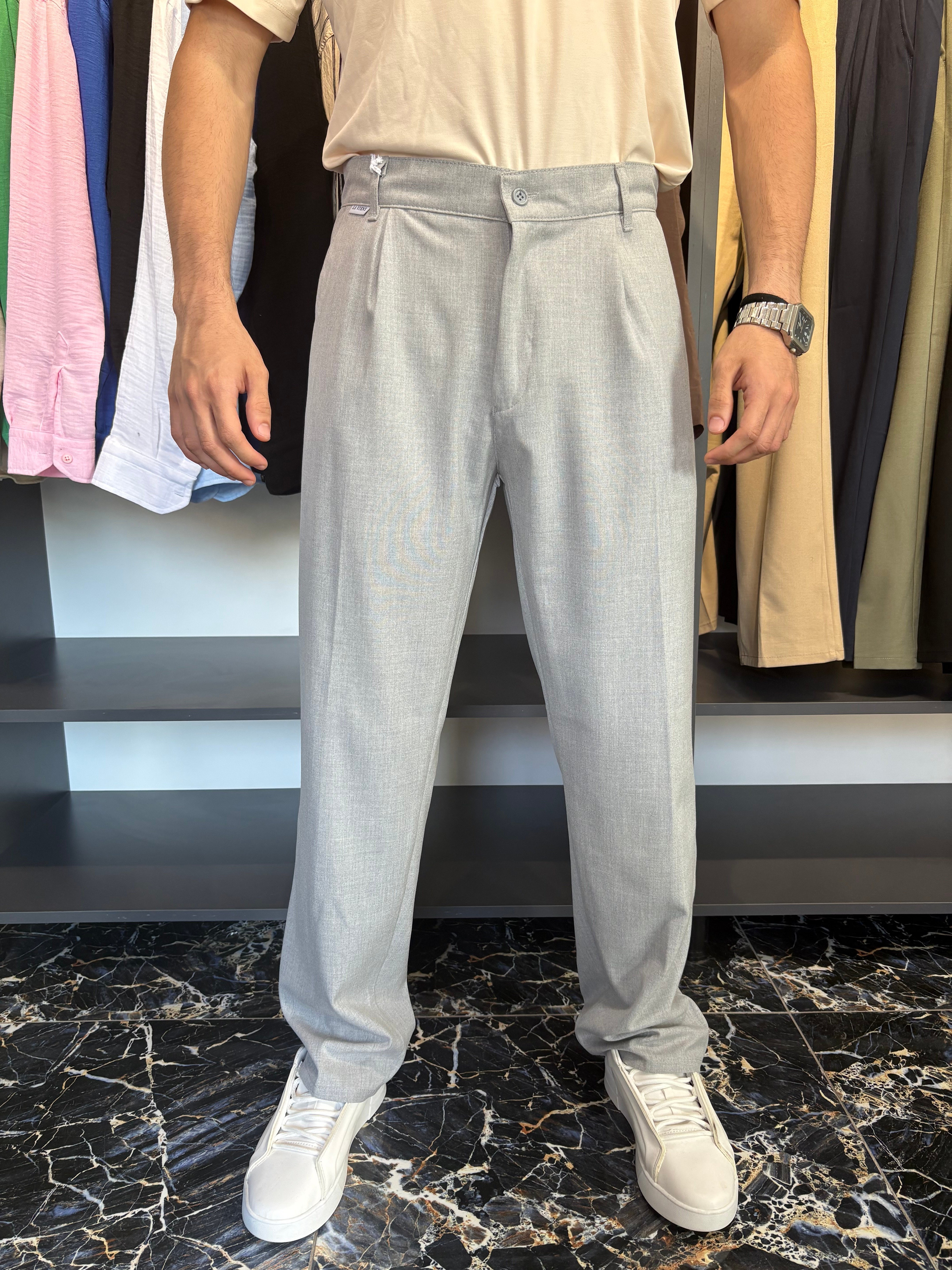 Tek Pile Detay Baggy Kumaş Pantolon Gri