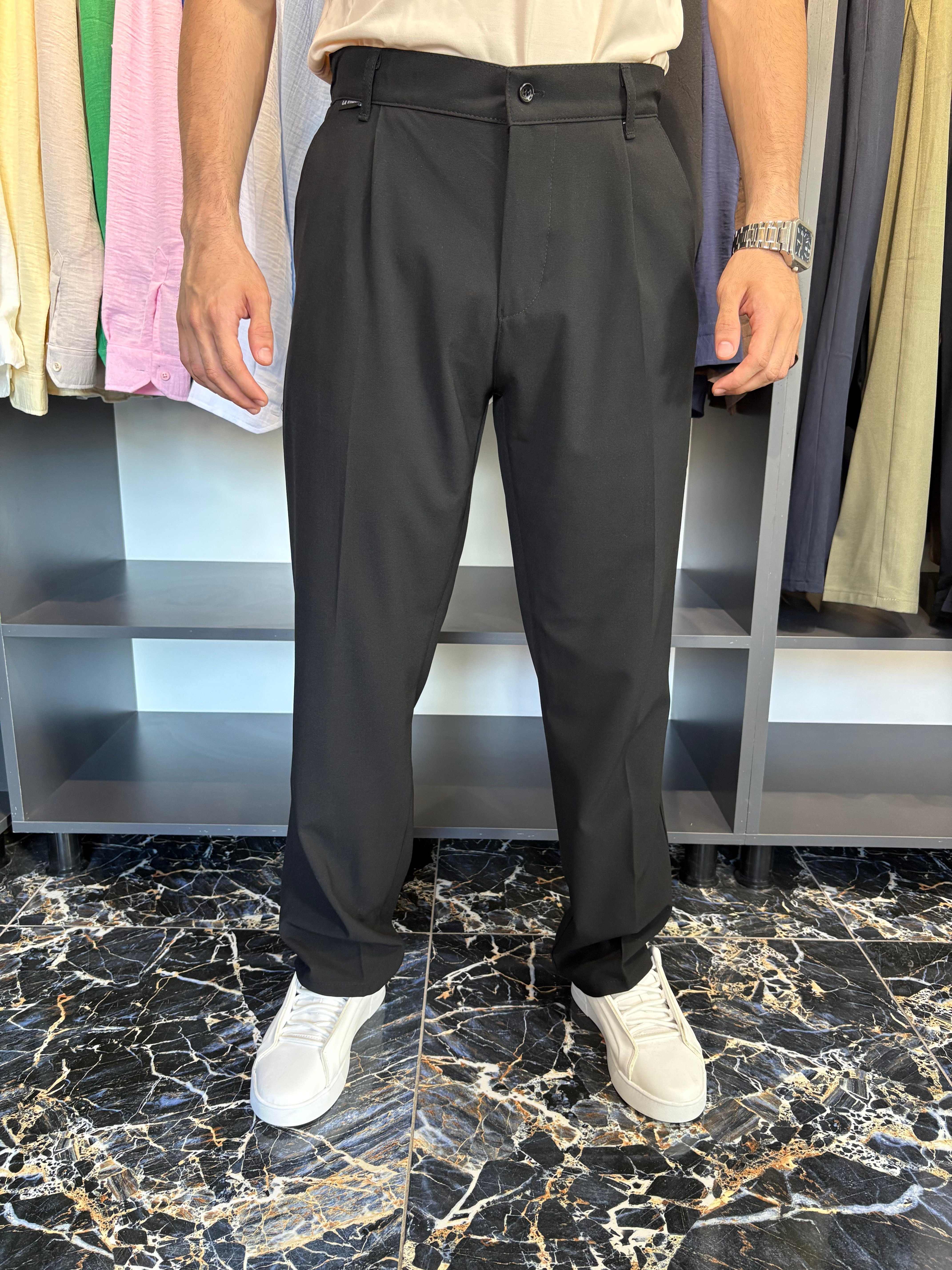 Tek Pile Detay Baggy Kumaş Pantolon Siyah