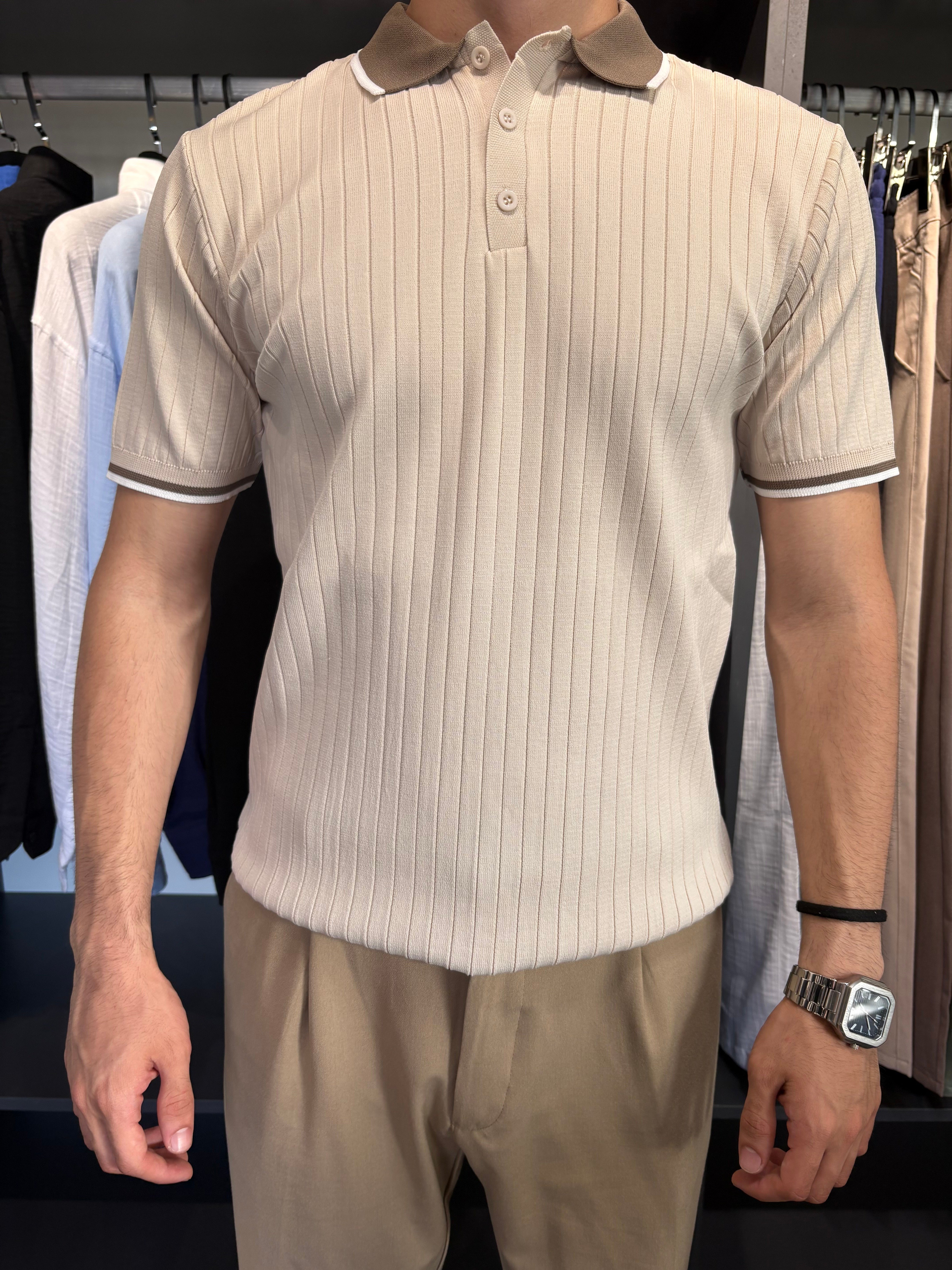 Yaka Detay Fitilli Triko Tshirt Bej