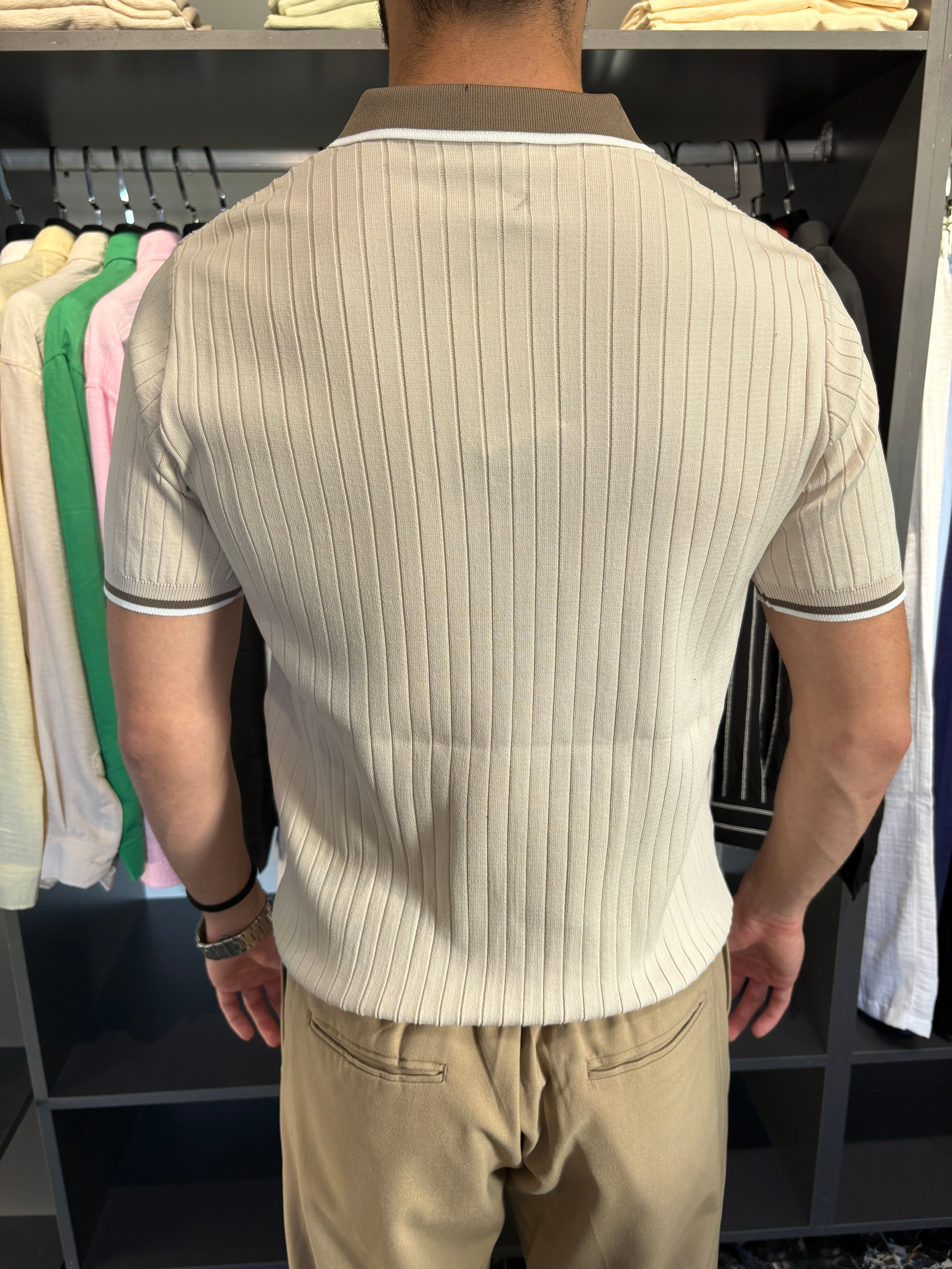 Yaka Detay Fitilli Triko Tshirt Bej