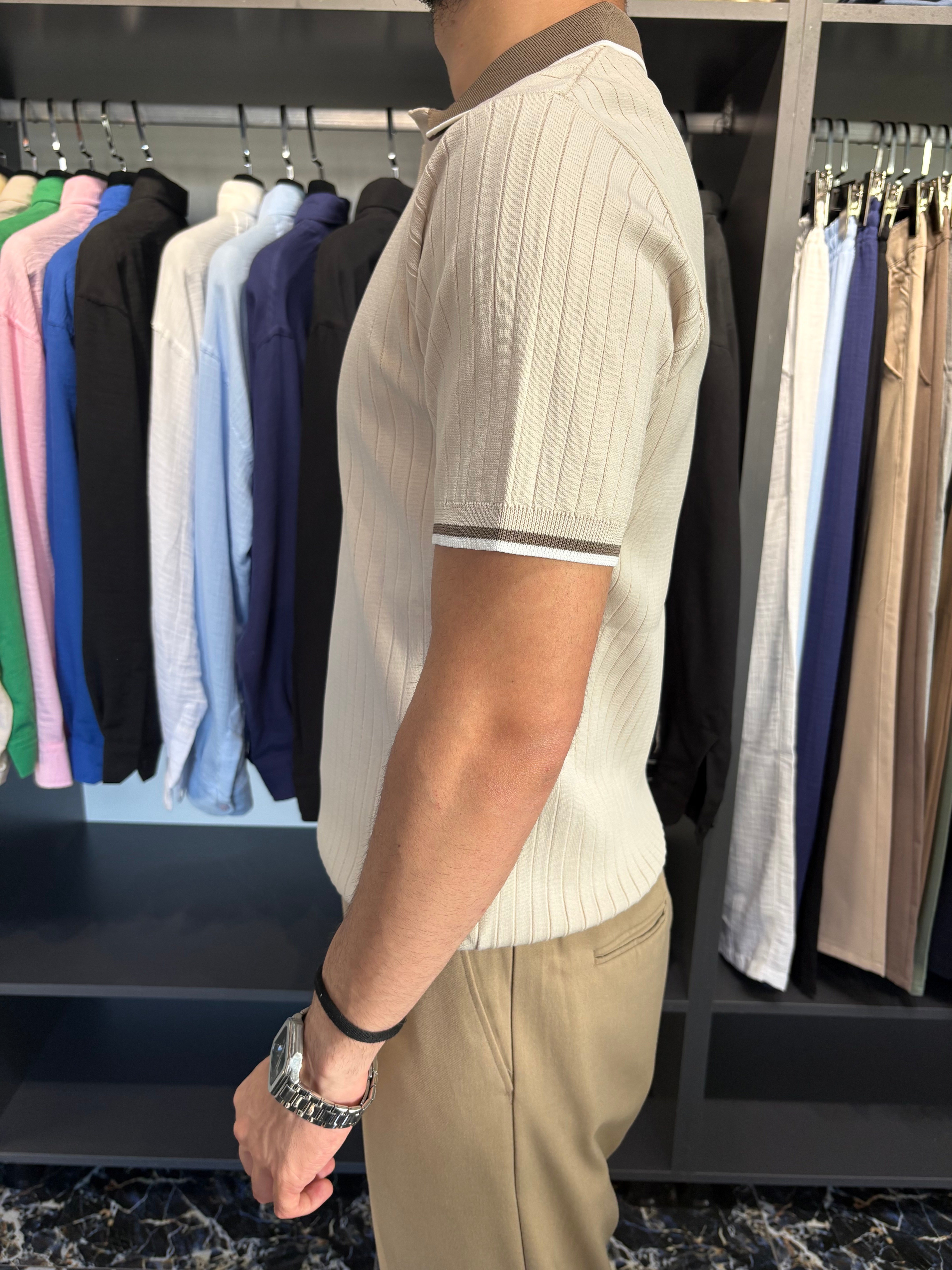 Yaka Detay Fitilli Triko Tshirt Bej