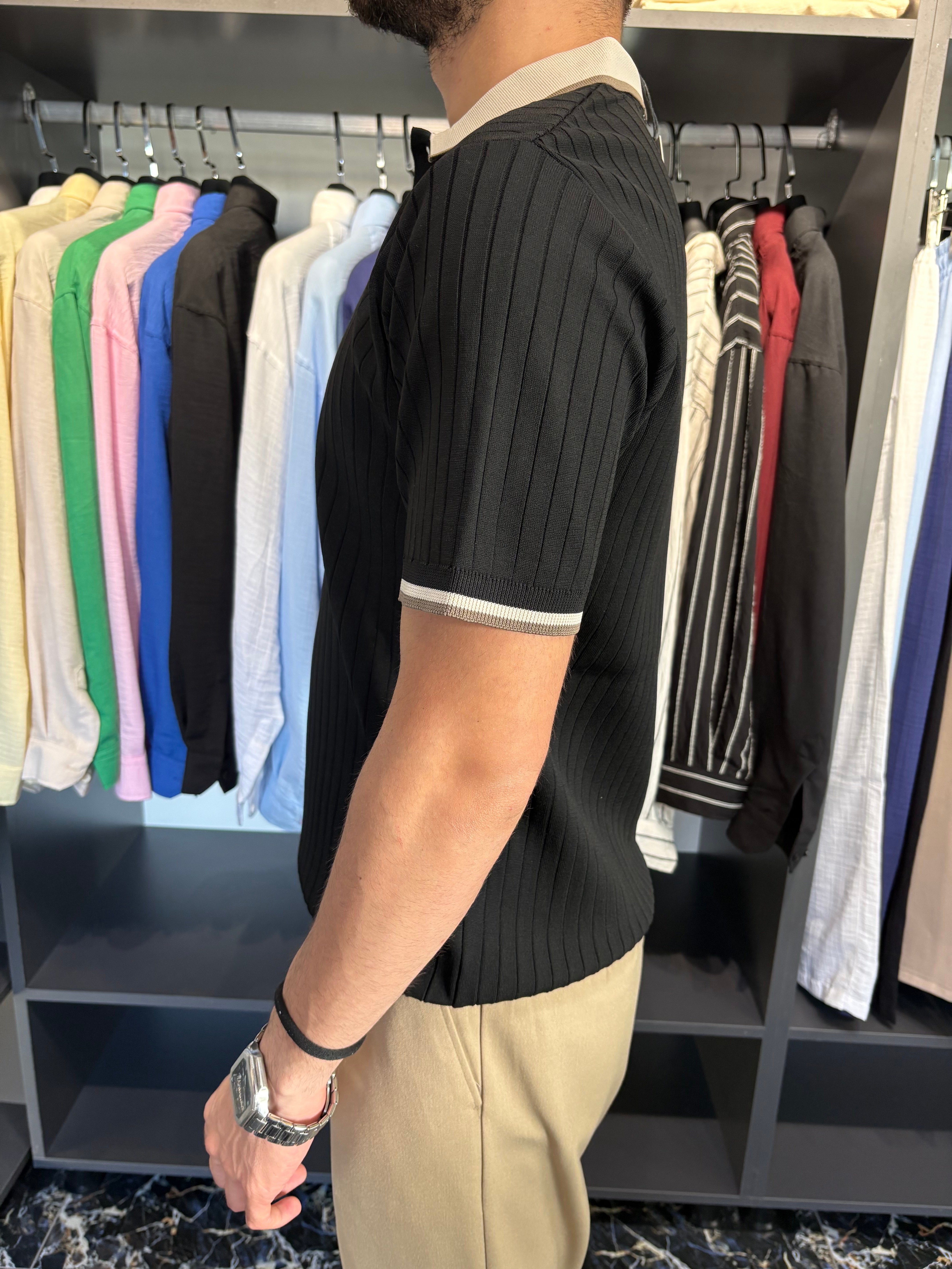 Yaka Detay Fitilli Triko Tshirt Siyah