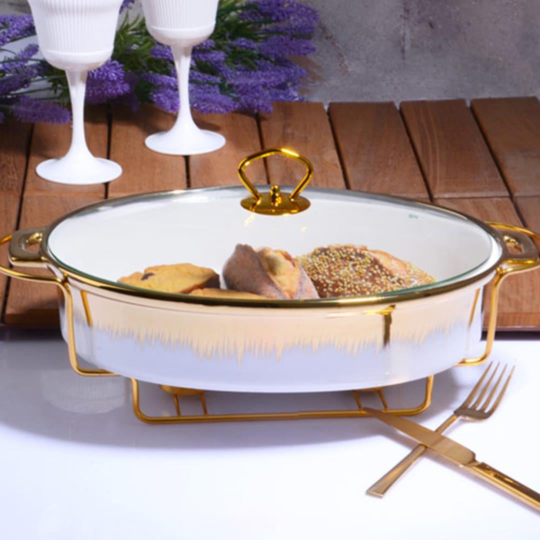 OvenwareFlame Porcelain Oval Oven and Presentation Bowl 37cm - White Gold