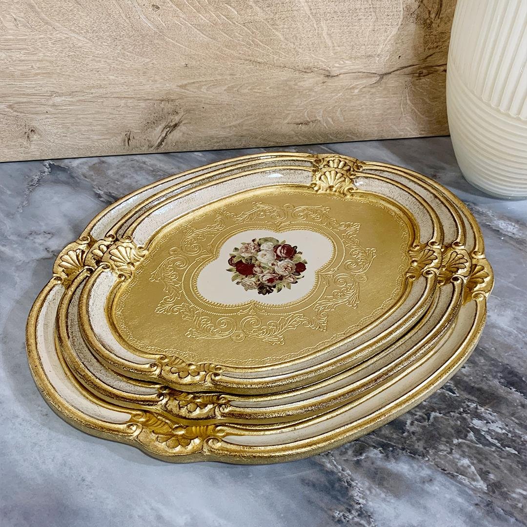 Tepsiİtalyan Gül Ağacı Ivory 3 Parça Oval Tepsi Seti