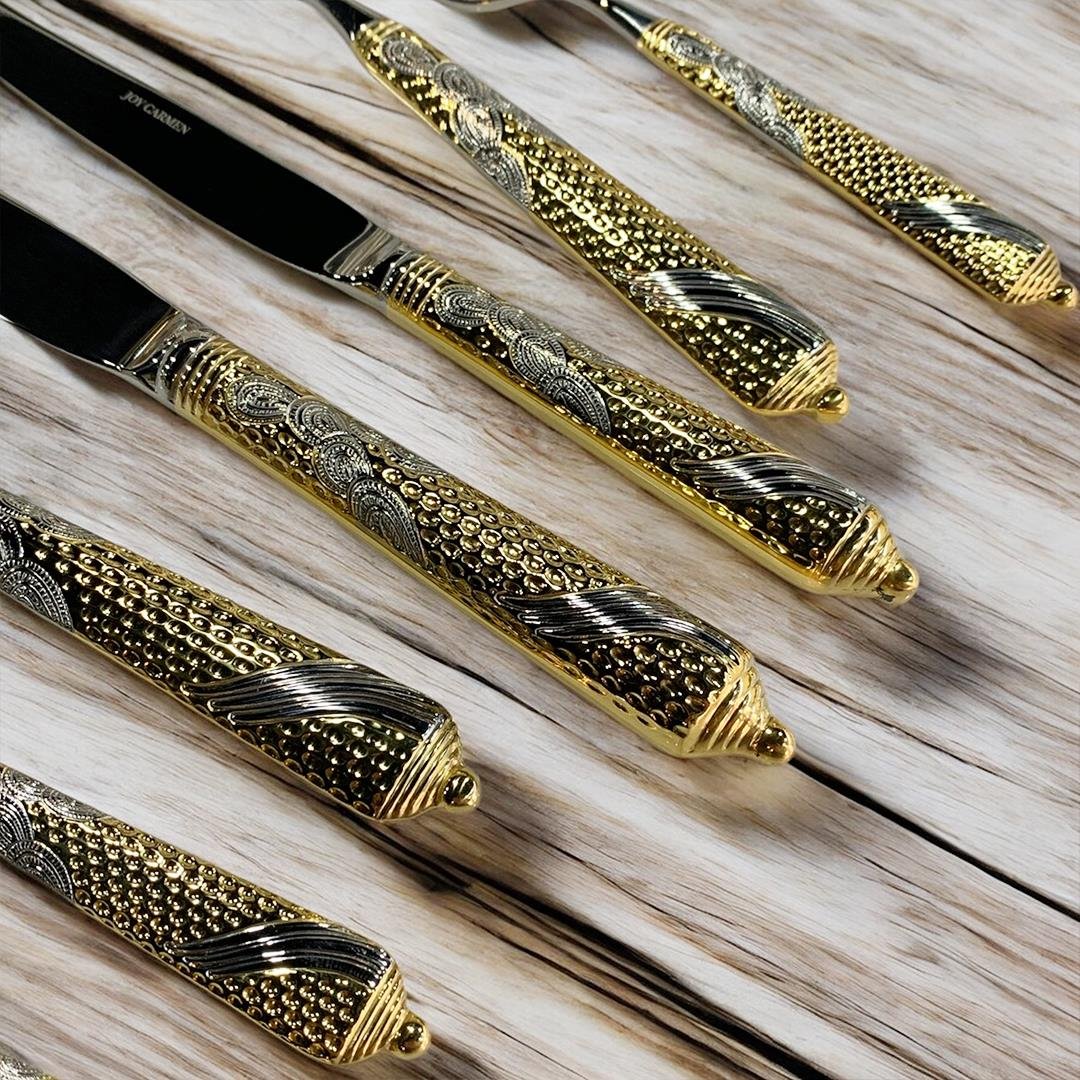 12 Kişilik Çatal Kaşık Bıçak TakımıJoy Carmen Embossed Cutlery 89 Parça Çatal Kaşık Bıçak Takımı