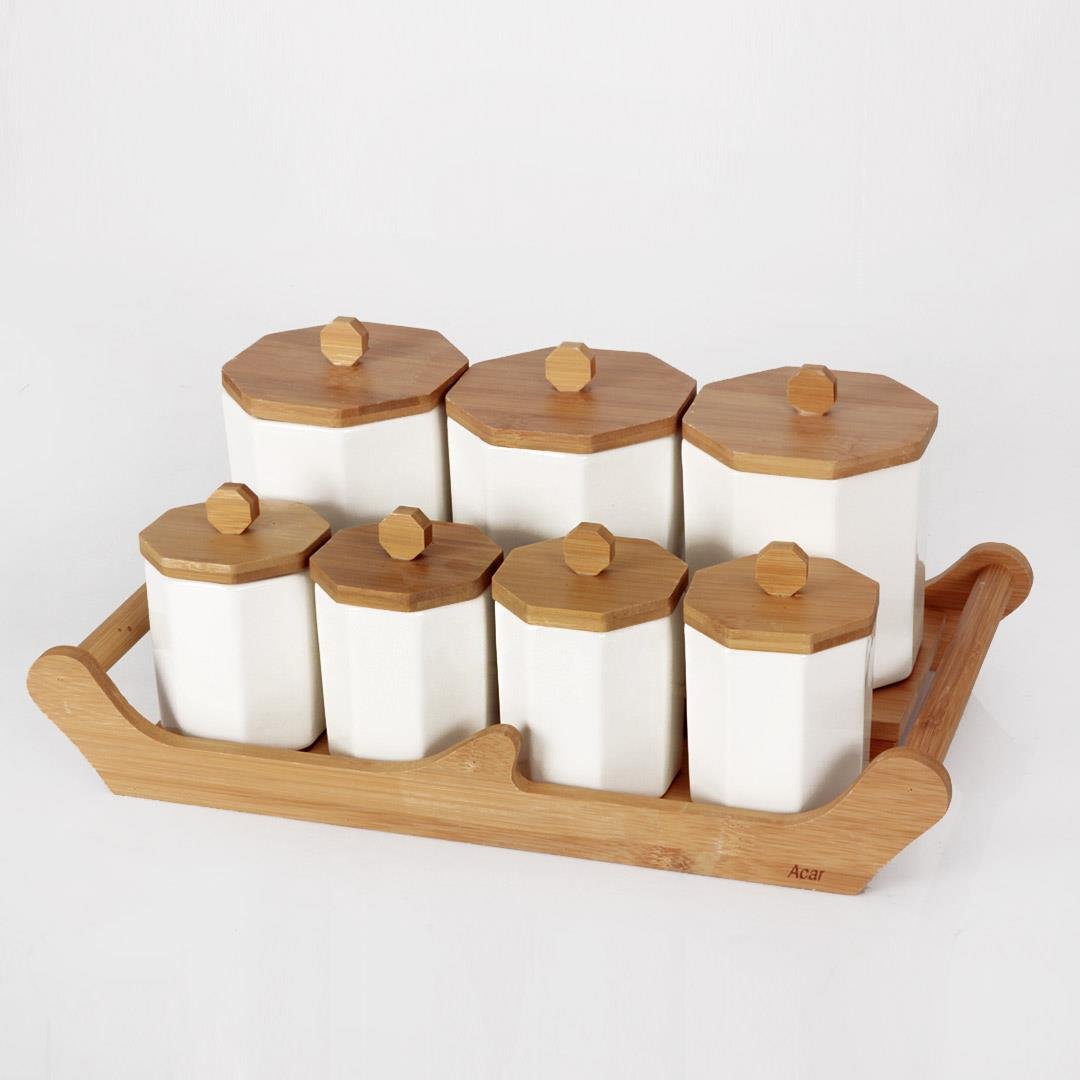 BaharatlıkLa Pure Beşgen Bambu Standlı 7 Li Porselen Baharat Takımı