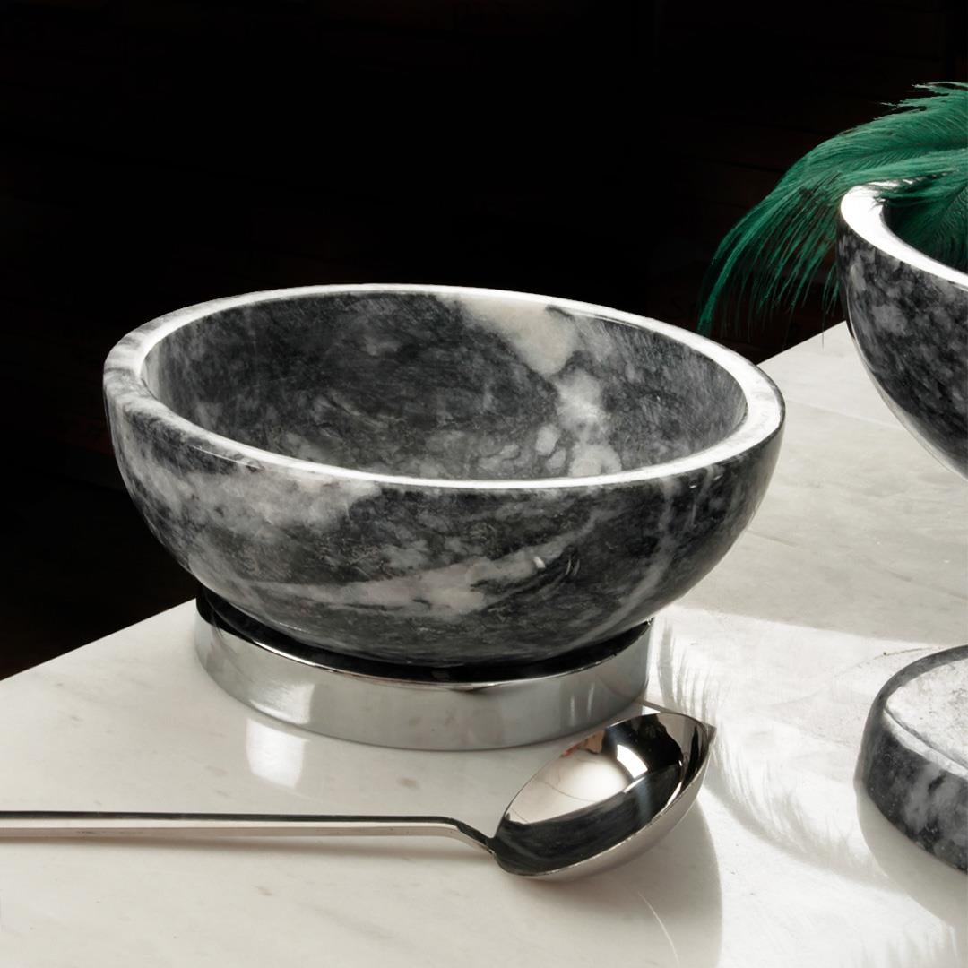Serving PlateQuarry Black Marble Silver Metal Footed Decorative Bowl - Small Size