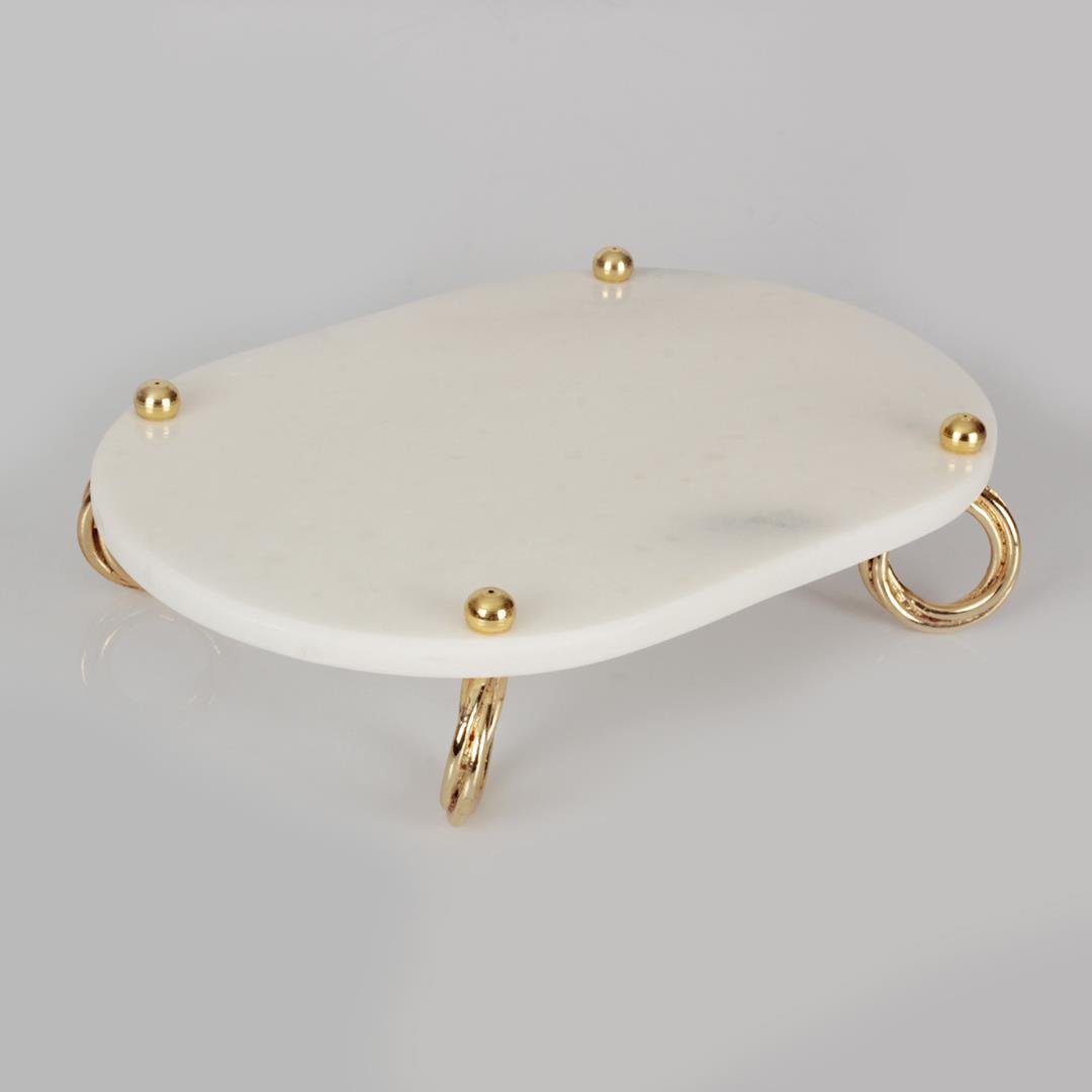 SunumlukRing Beyaz Mermer Ayaklı Sunumluk Oval Küçük Boy - Gold