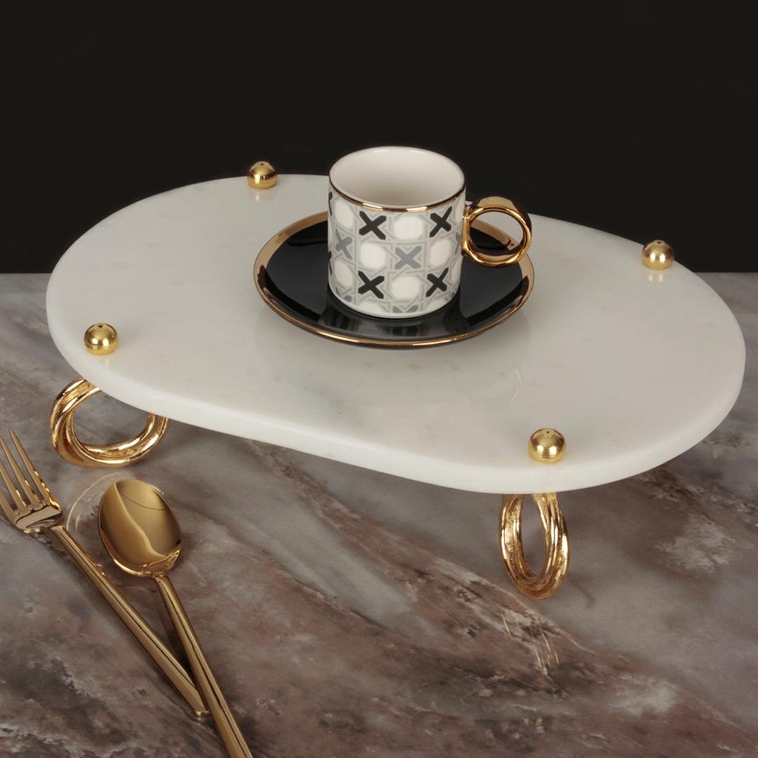 SunumlukRing Beyaz Mermer Ayaklı Sunumluk Oval Küçük Boy - Gold