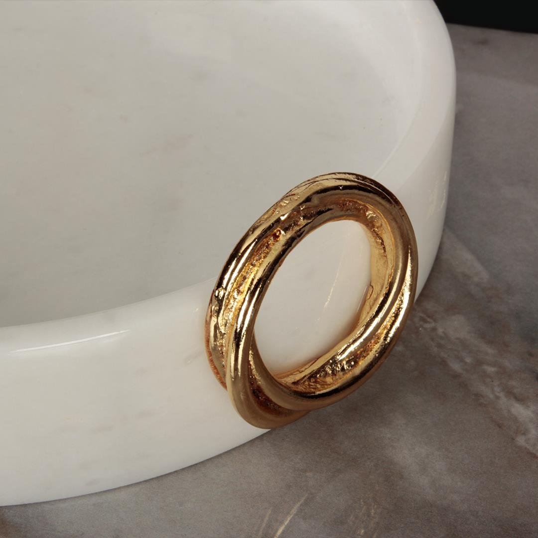 Serving PlateRing White Marble Presentation Rack Round Medium Size - Gold