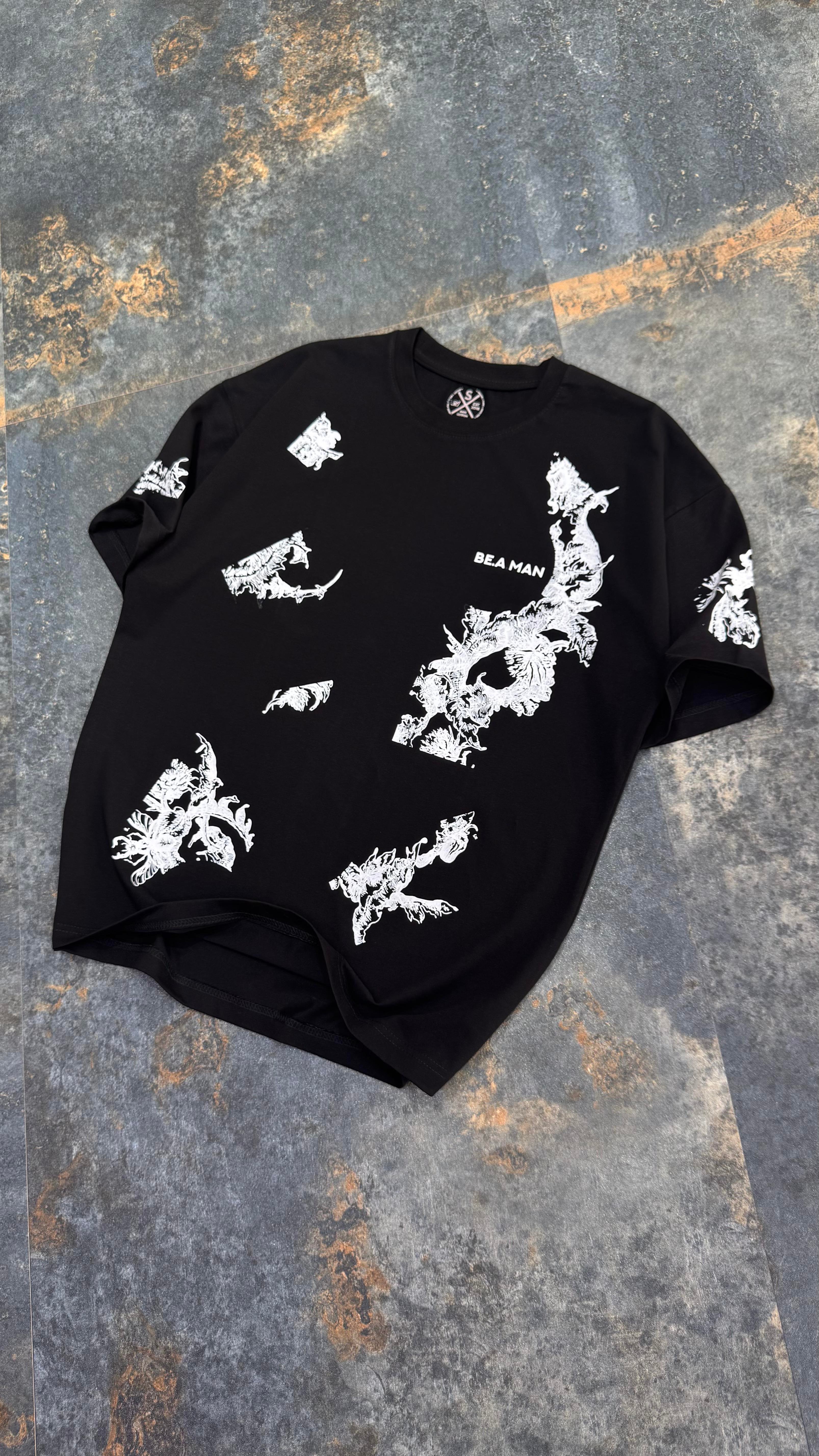 BeAMan Baskılı Siyah Oversize T-Shirt
