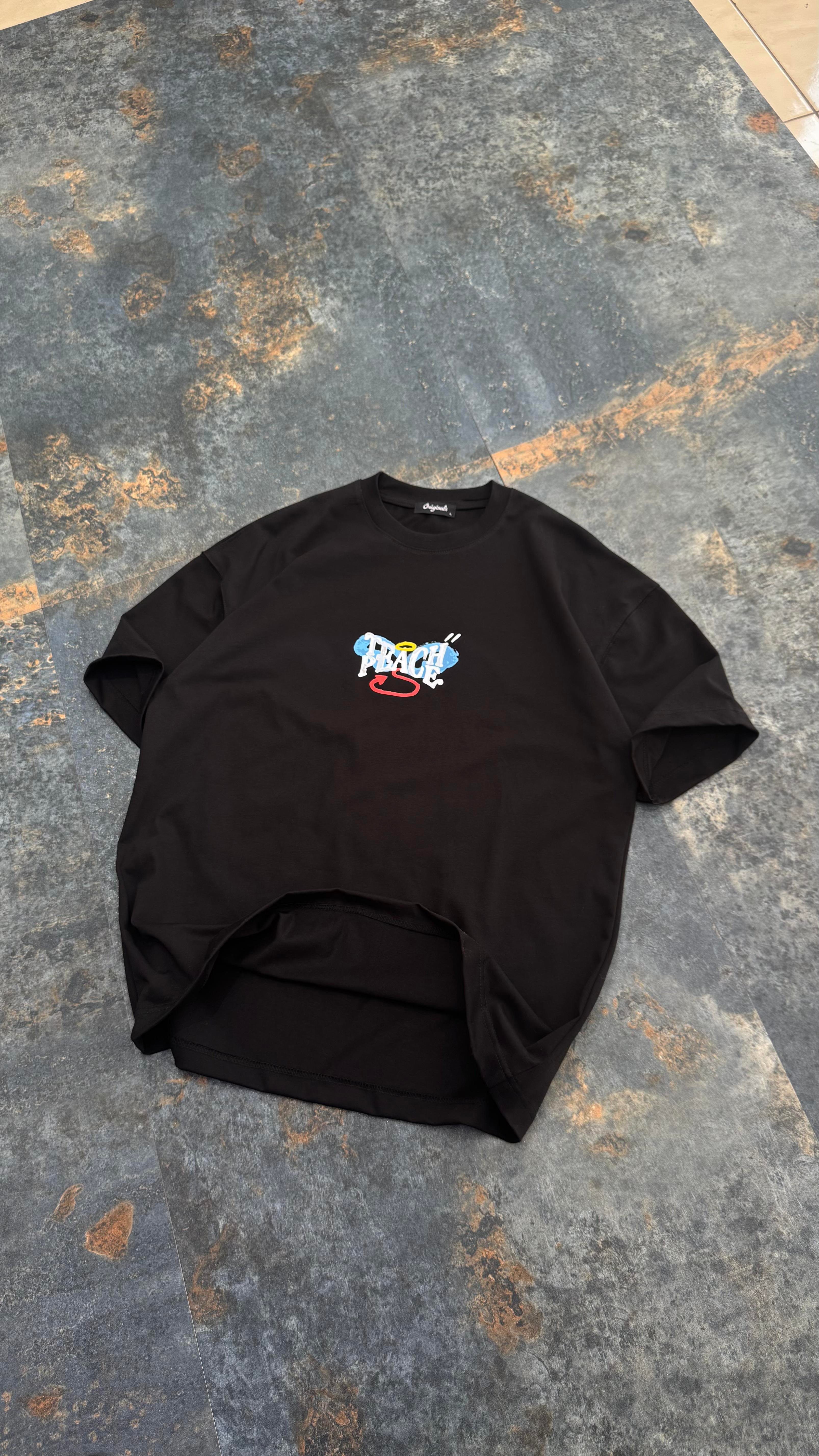 Peach Baskılı Siyah Oversize T-Shirt