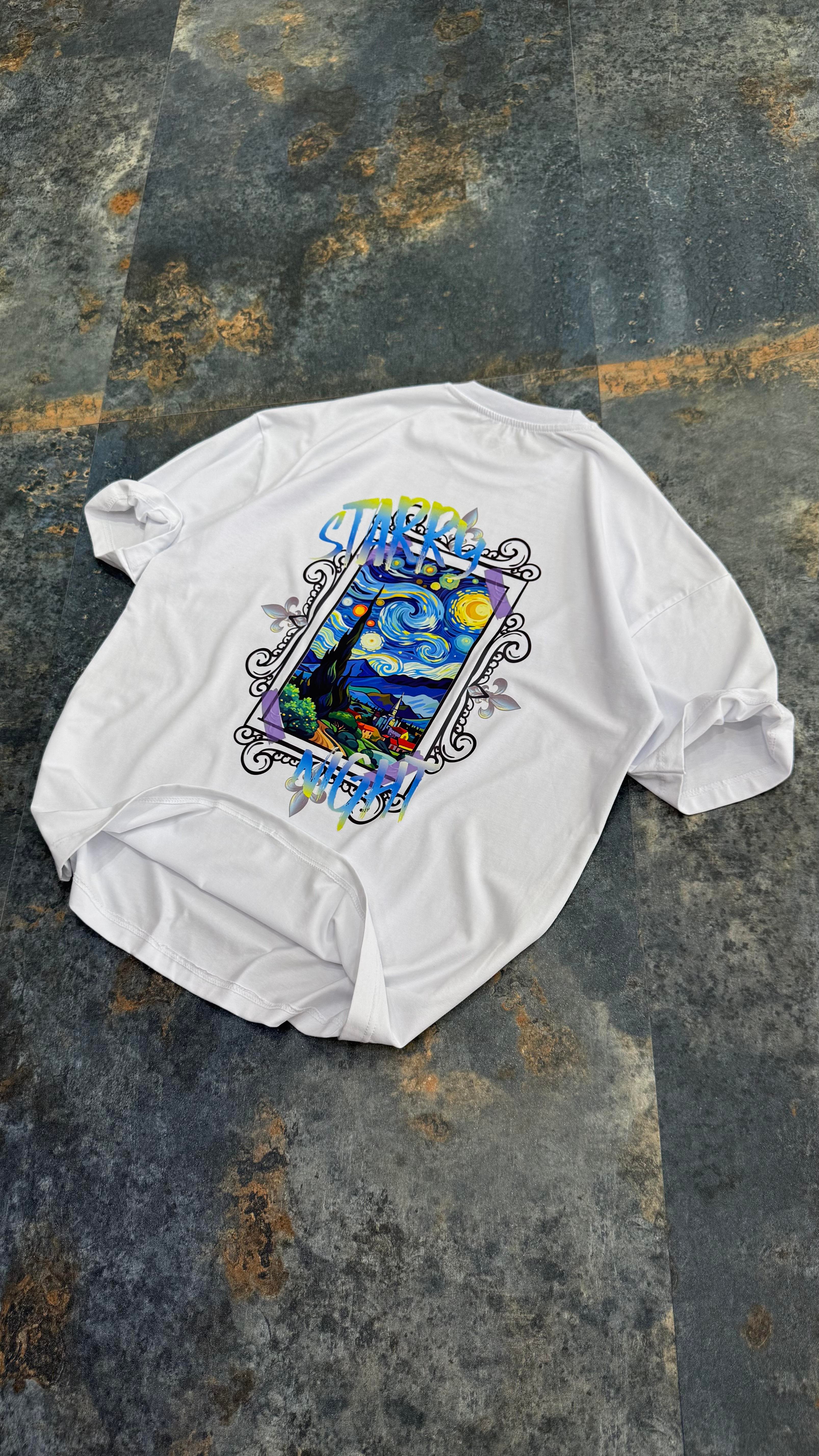Starry Night Baskılı Siyah Oversize T-Shirt