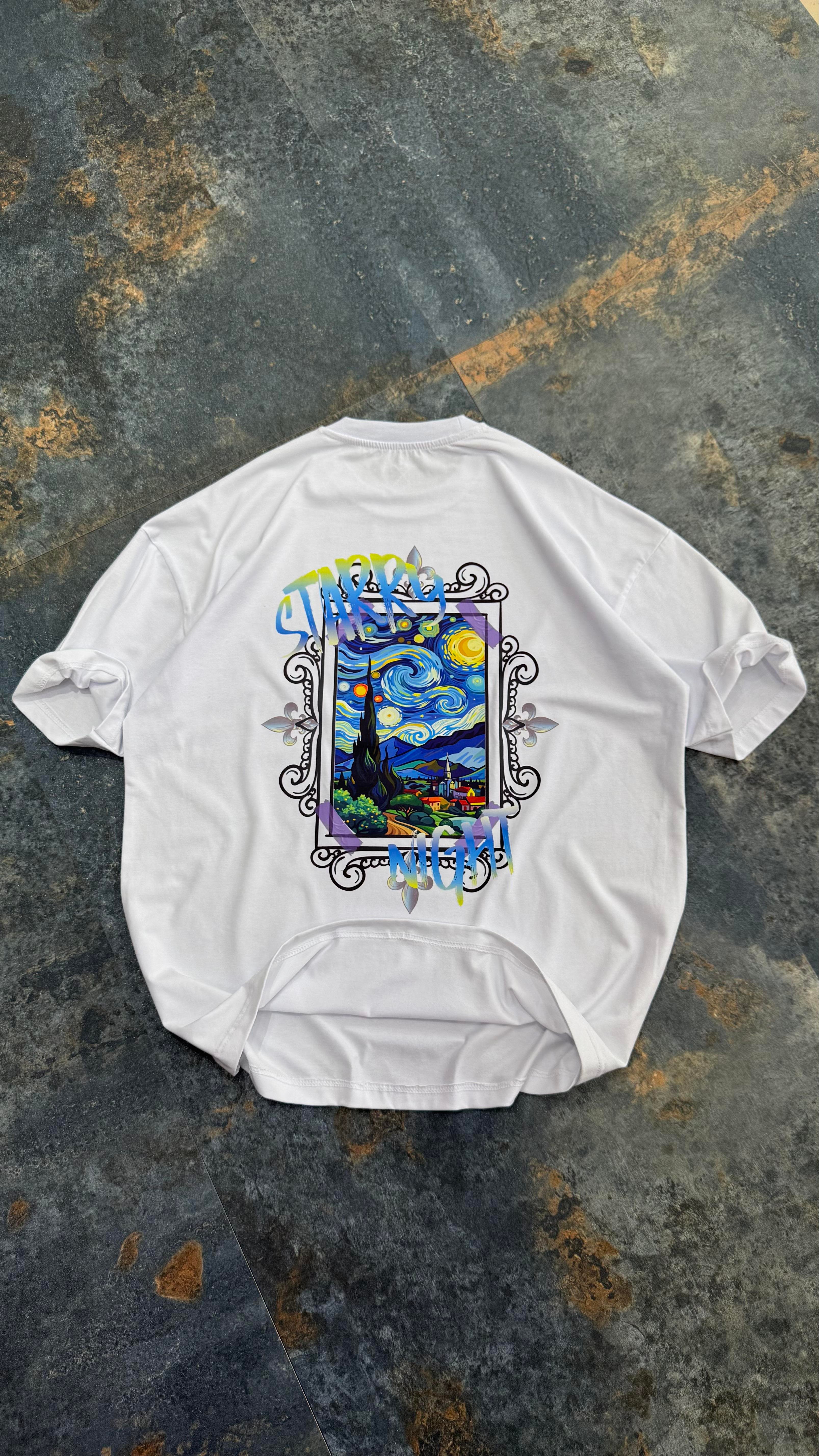 Starry Night Baskılı Siyah Oversize T-Shirt