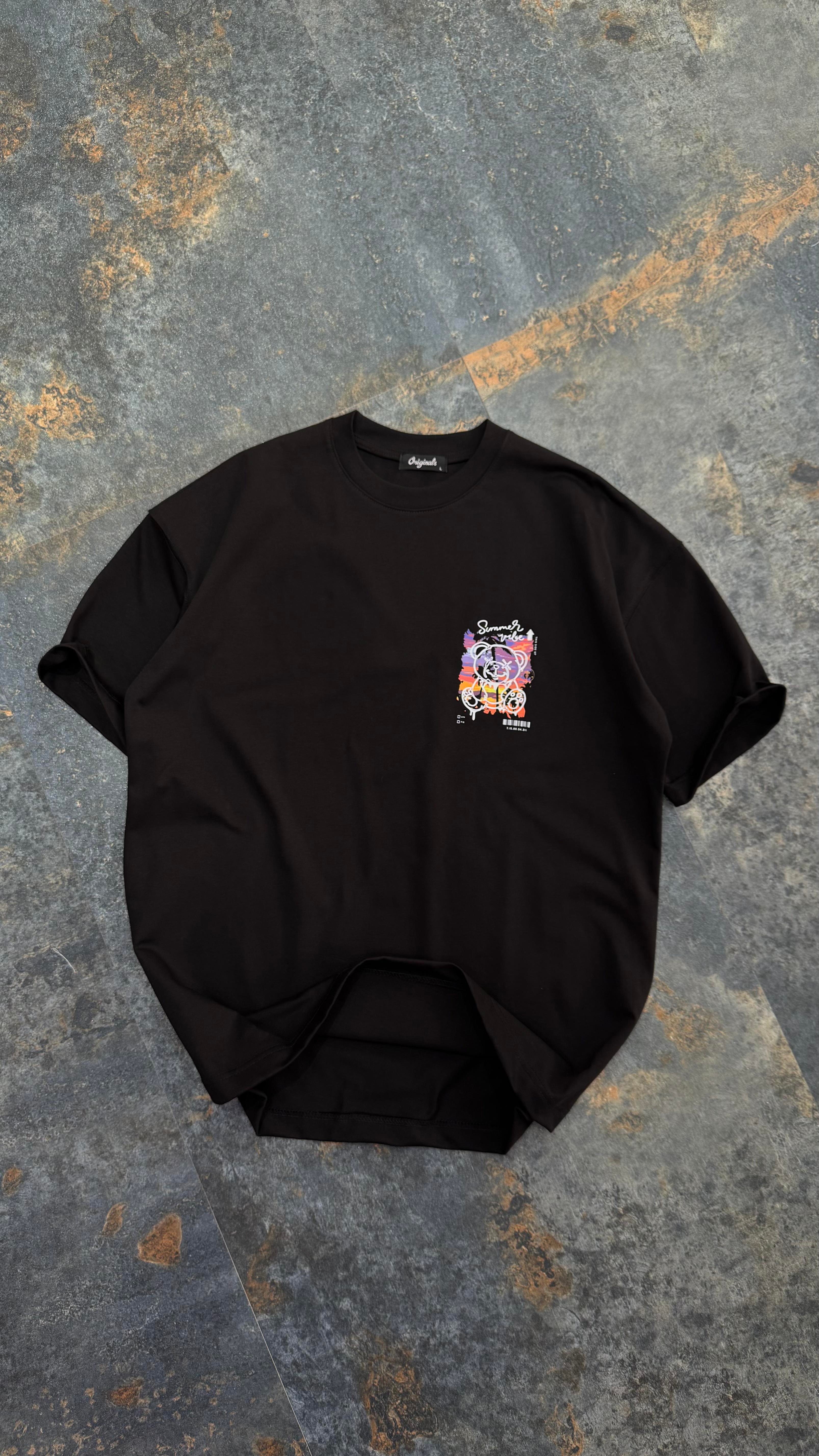 SummerVibe Baskılı Siyah Oversize T-Shirt