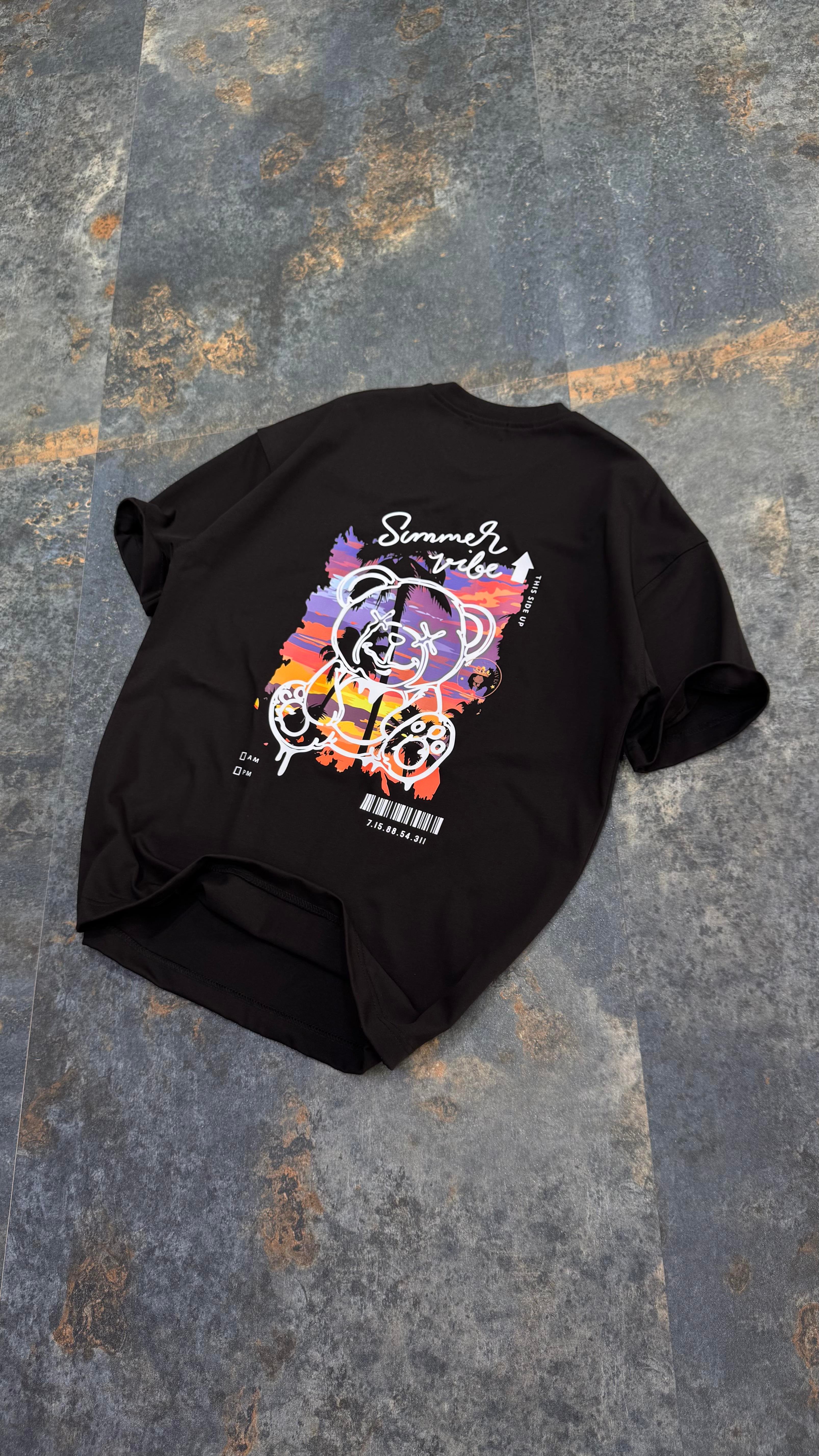 SummerVibe Baskılı Siyah Oversize T-Shirt
