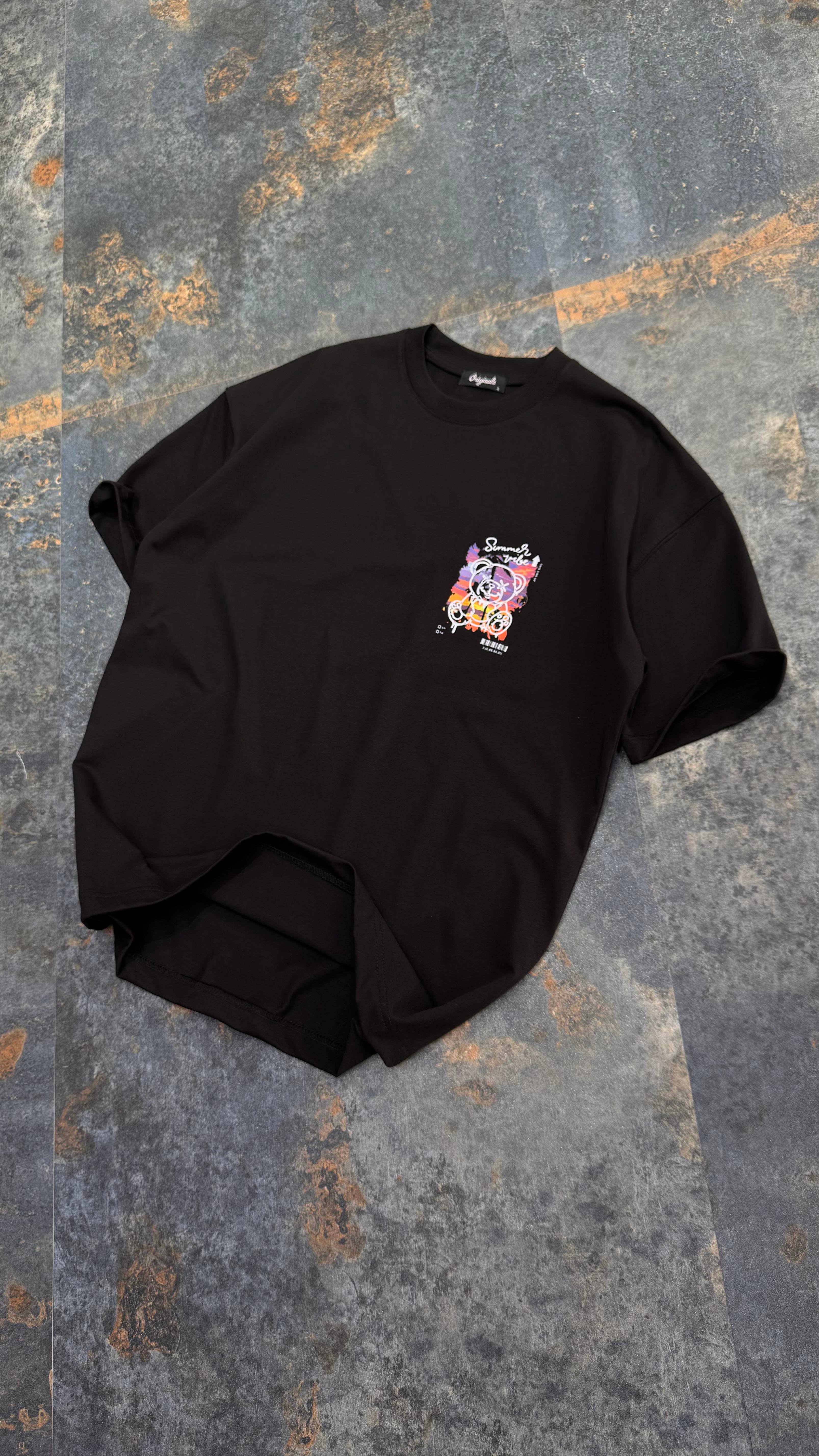SummerVibe Baskılı Siyah Oversize T-Shirt