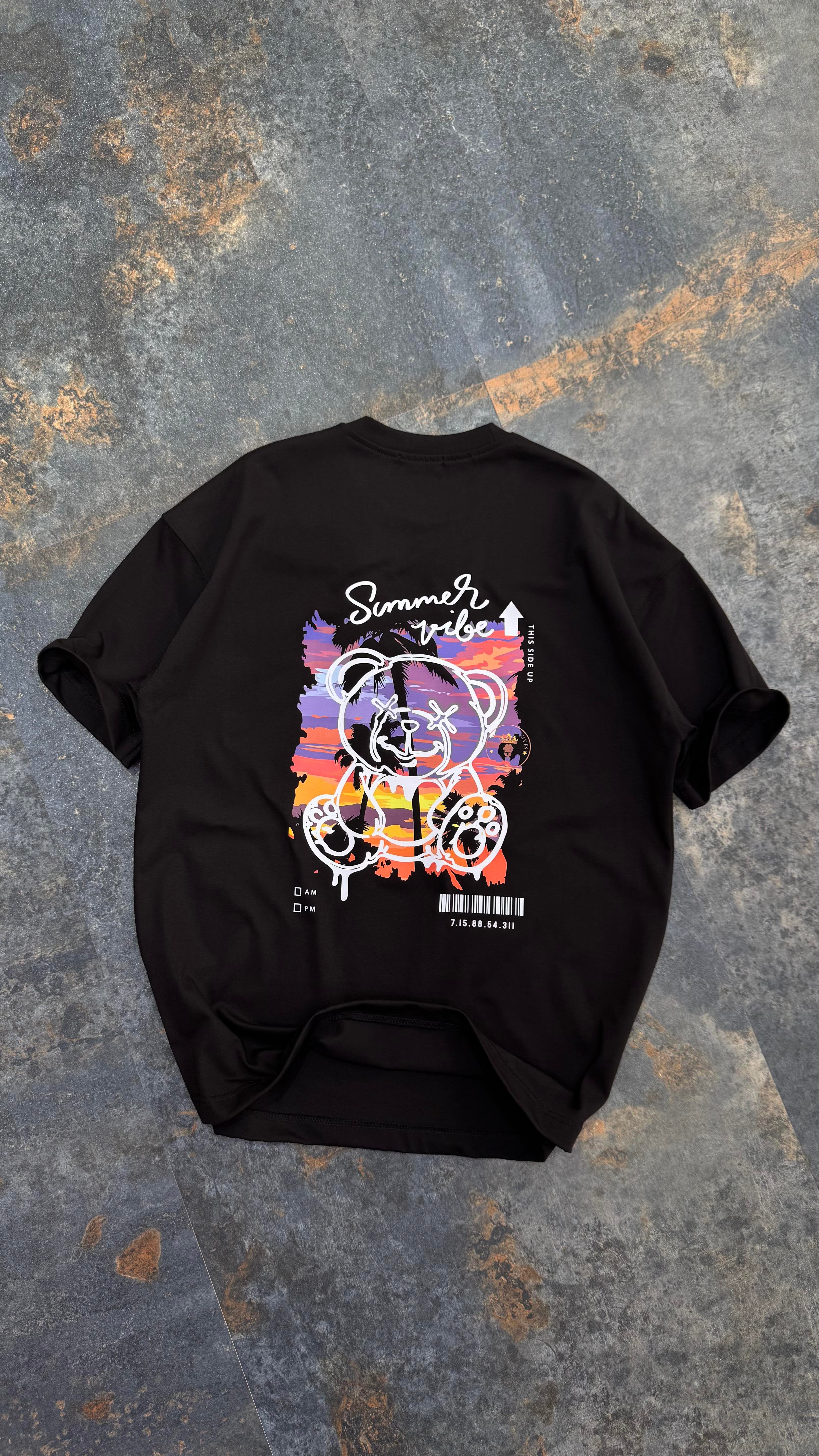 SummerVibe Baskılı Siyah Oversize T-Shirt