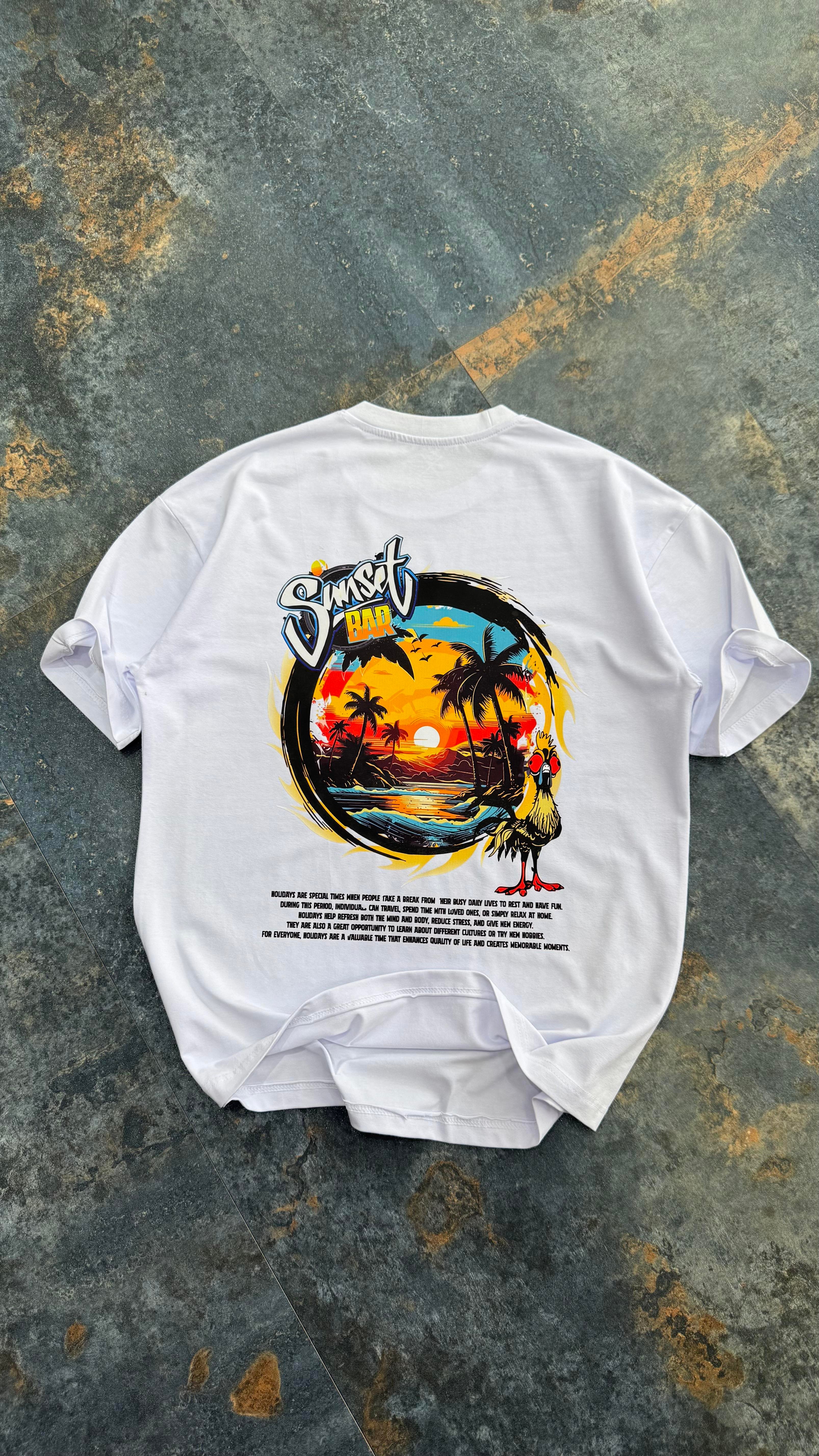 Sunset Baskılı Siyah Oversize T-Shirt