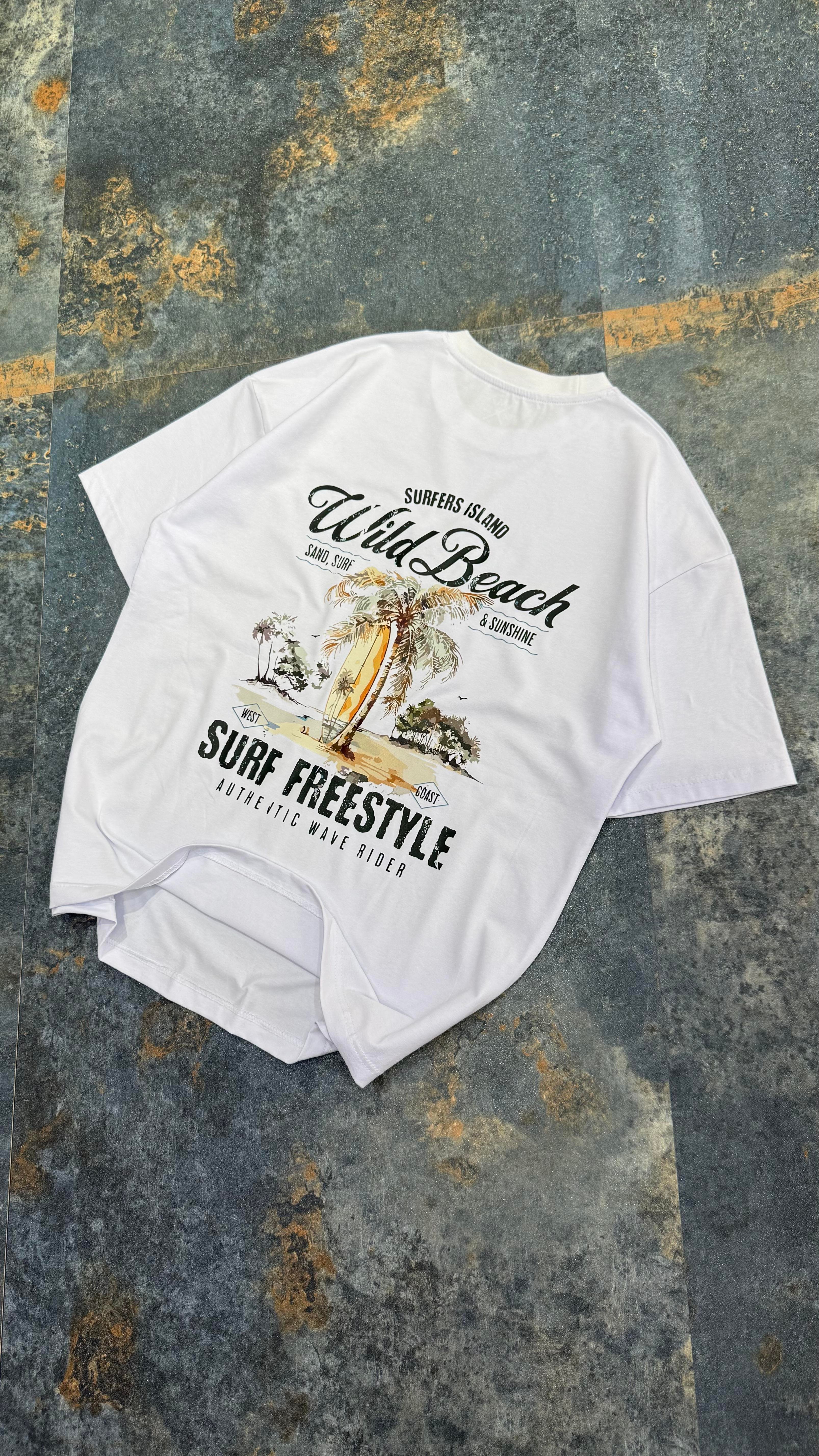 Wild Beach Baskılı Beyaz Oversize T-Shirt