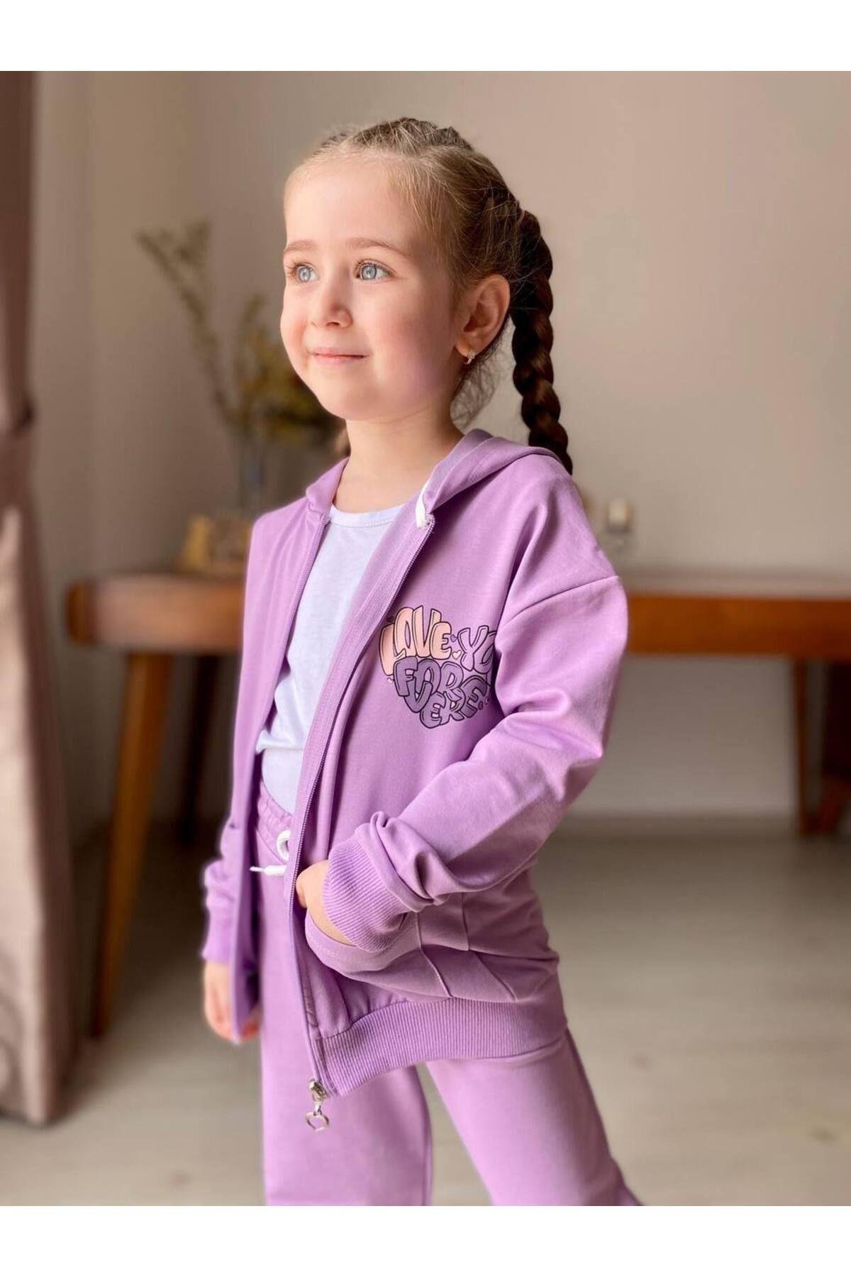 Ki̇z Çocuk Eşofman Taki̇mi̇ 2 Li̇. Boru Paça Farmuarli̇ Kapuşonlu Takim. Love Baski̇li̇ Taki̇m.
