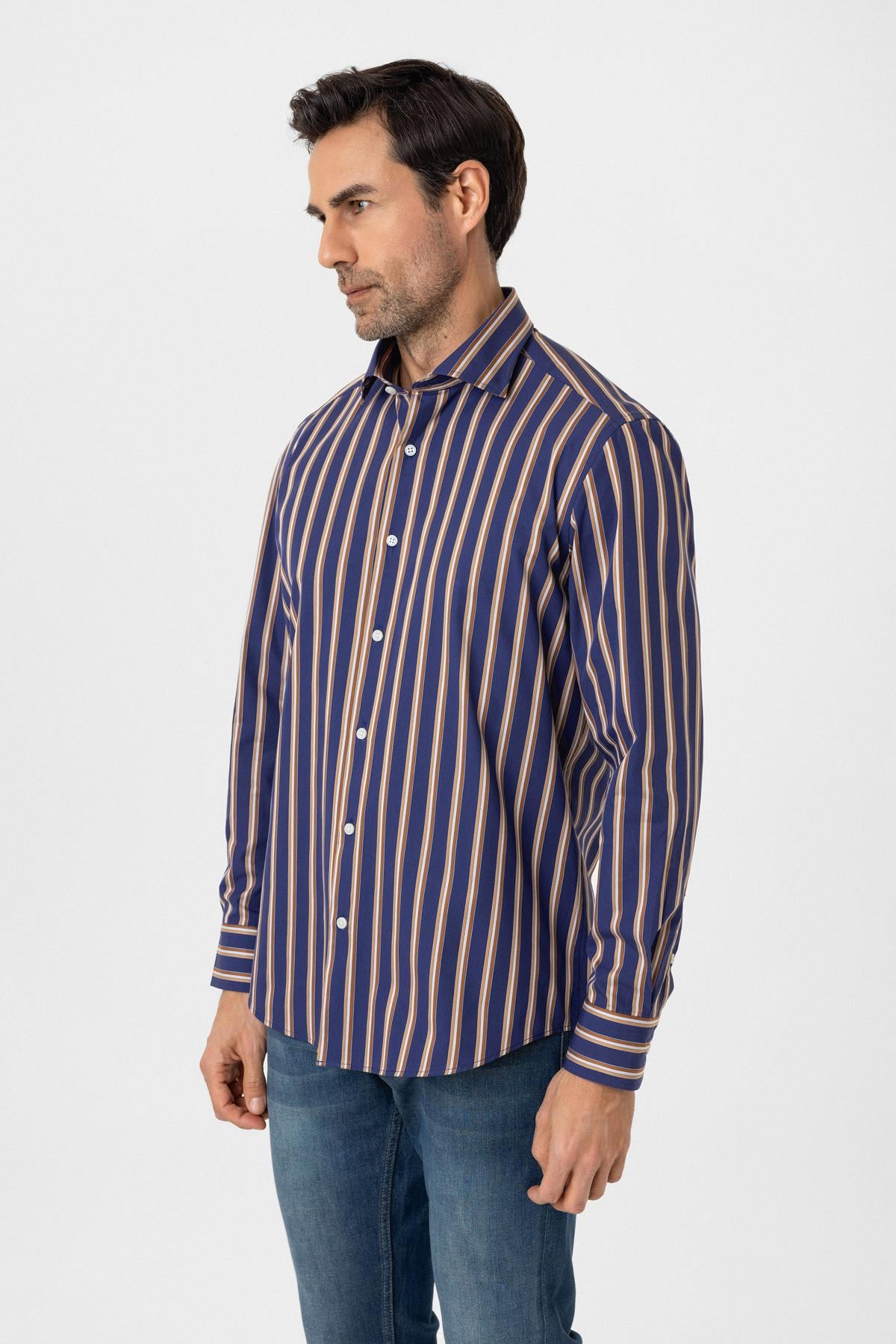 Şerit Çizgili Multicolor %100 Pamuk Regular Fit Erkek Gömlek 