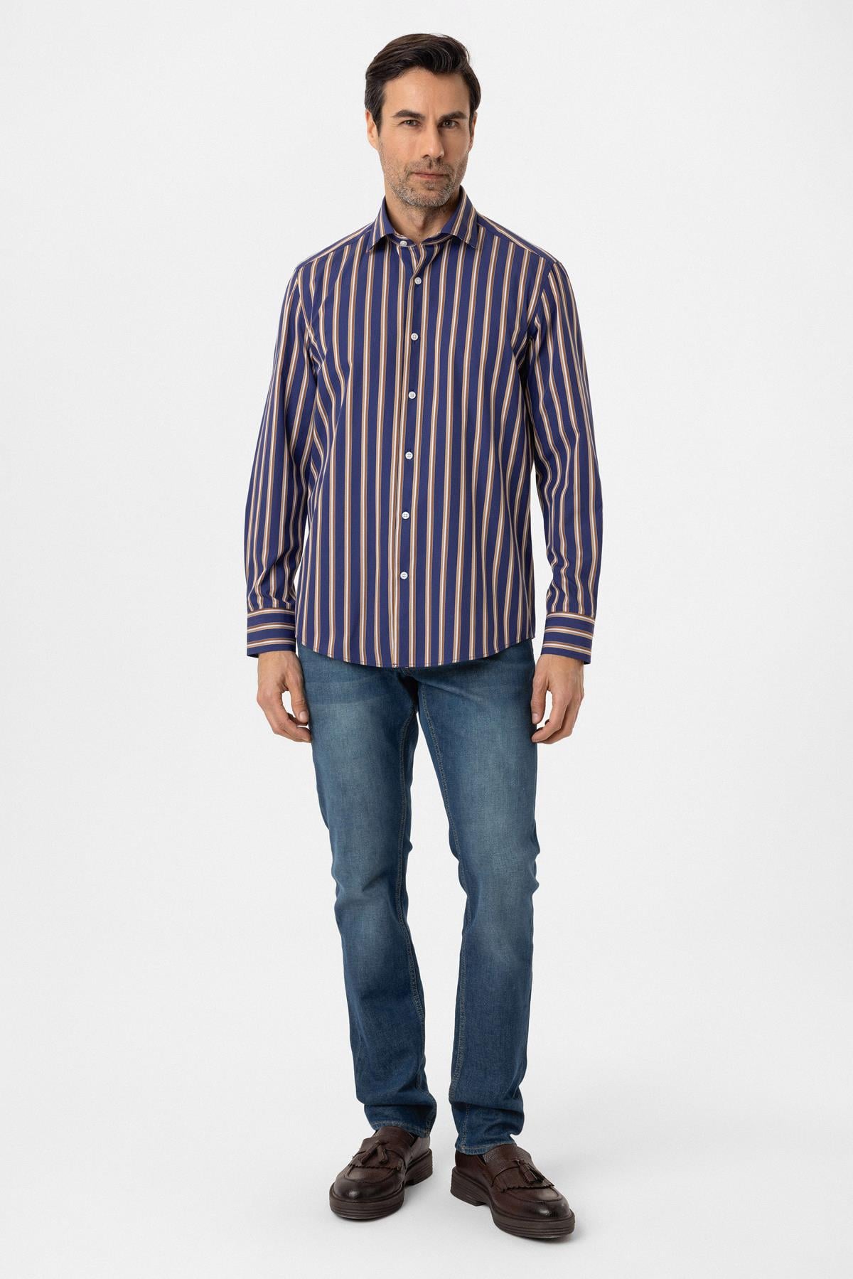 Şerit Çizgili Multicolor %100 Pamuk Regular Fit Erkek Gömlek 