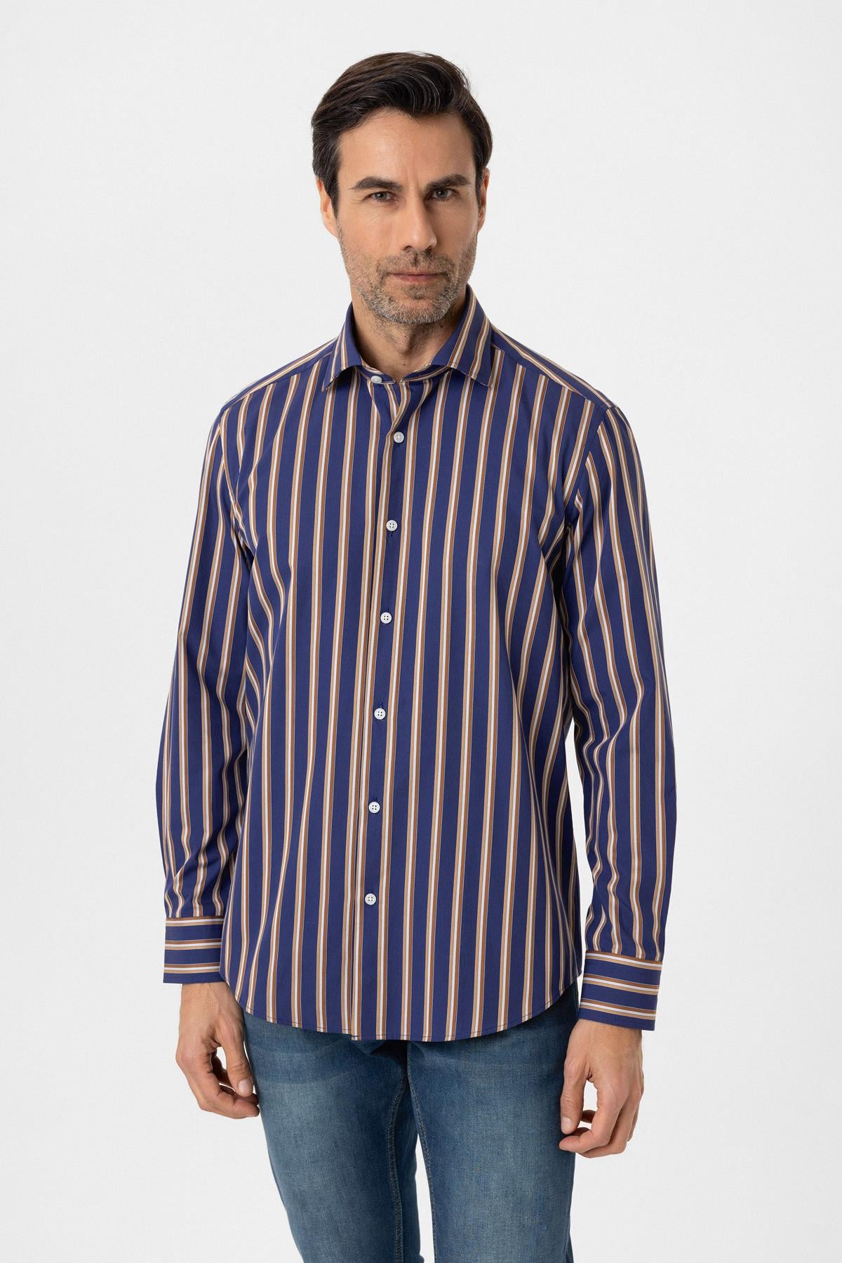 Şerit Çizgili Multicolor %100 Pamuk Regular Fit Erkek Gömlek 