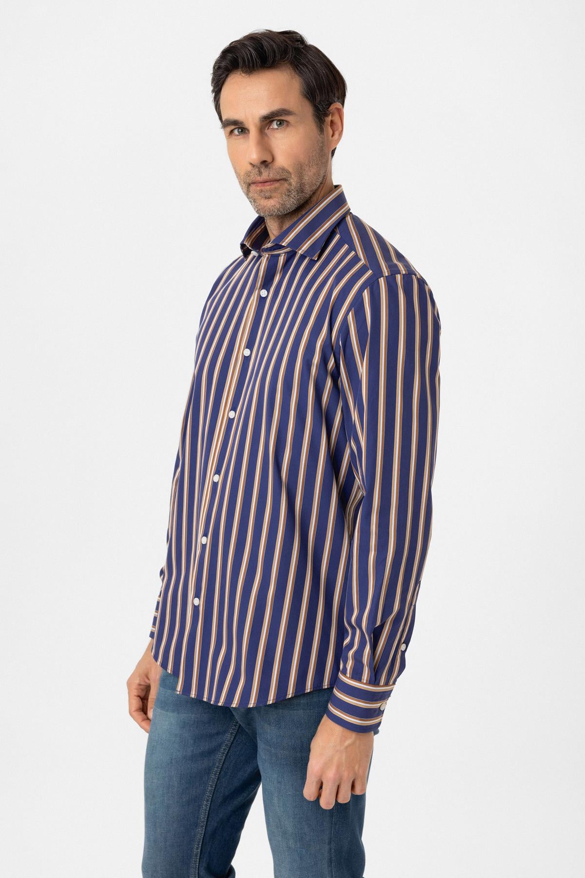 Şerit Çizgili Multicolor %100 Pamuk Regular Fit Erkek Gömlek 