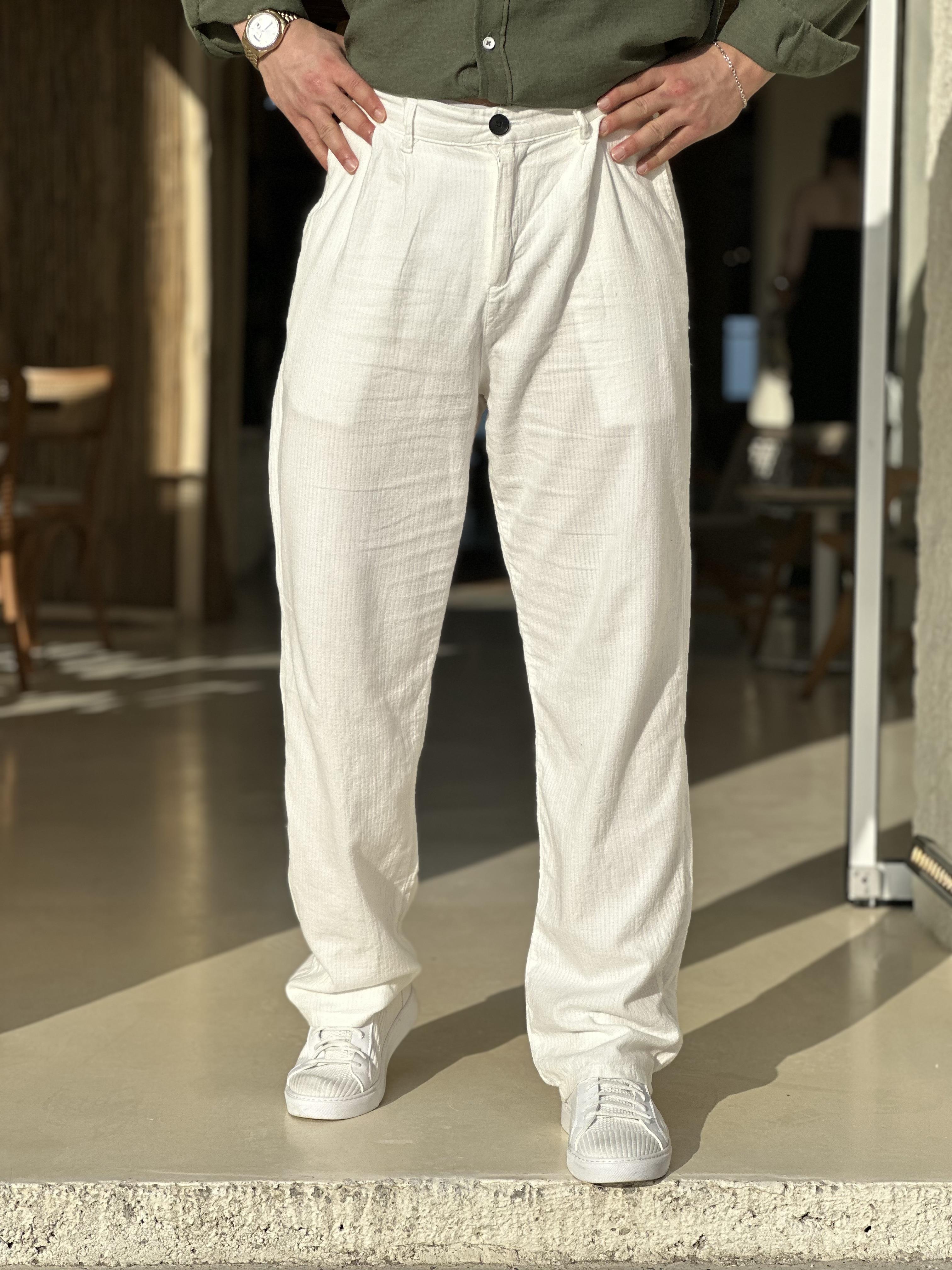 Beyaz Keten Baggy Pantolon Düğmeli