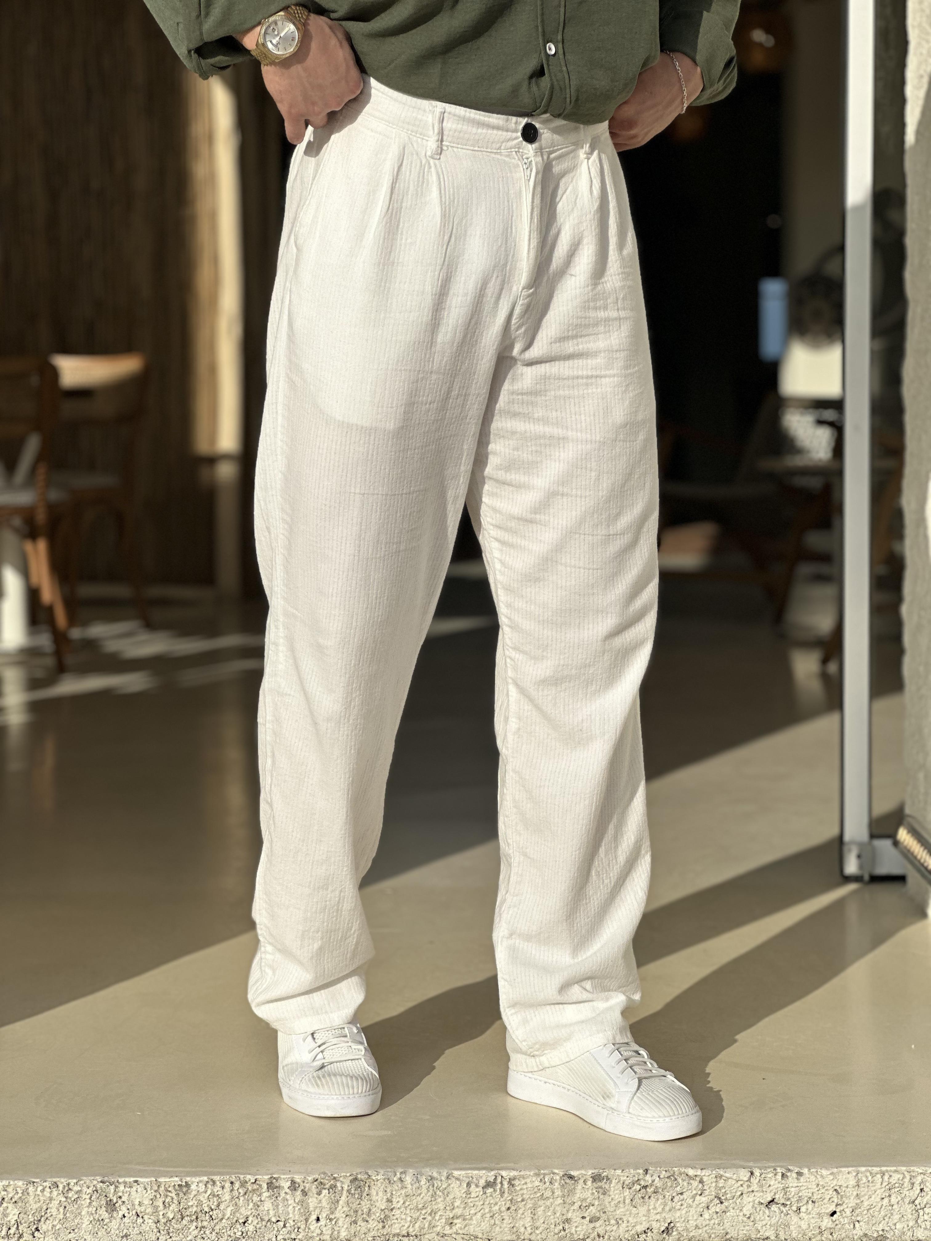 Beyaz Keten Baggy Pantolon Düğmeli