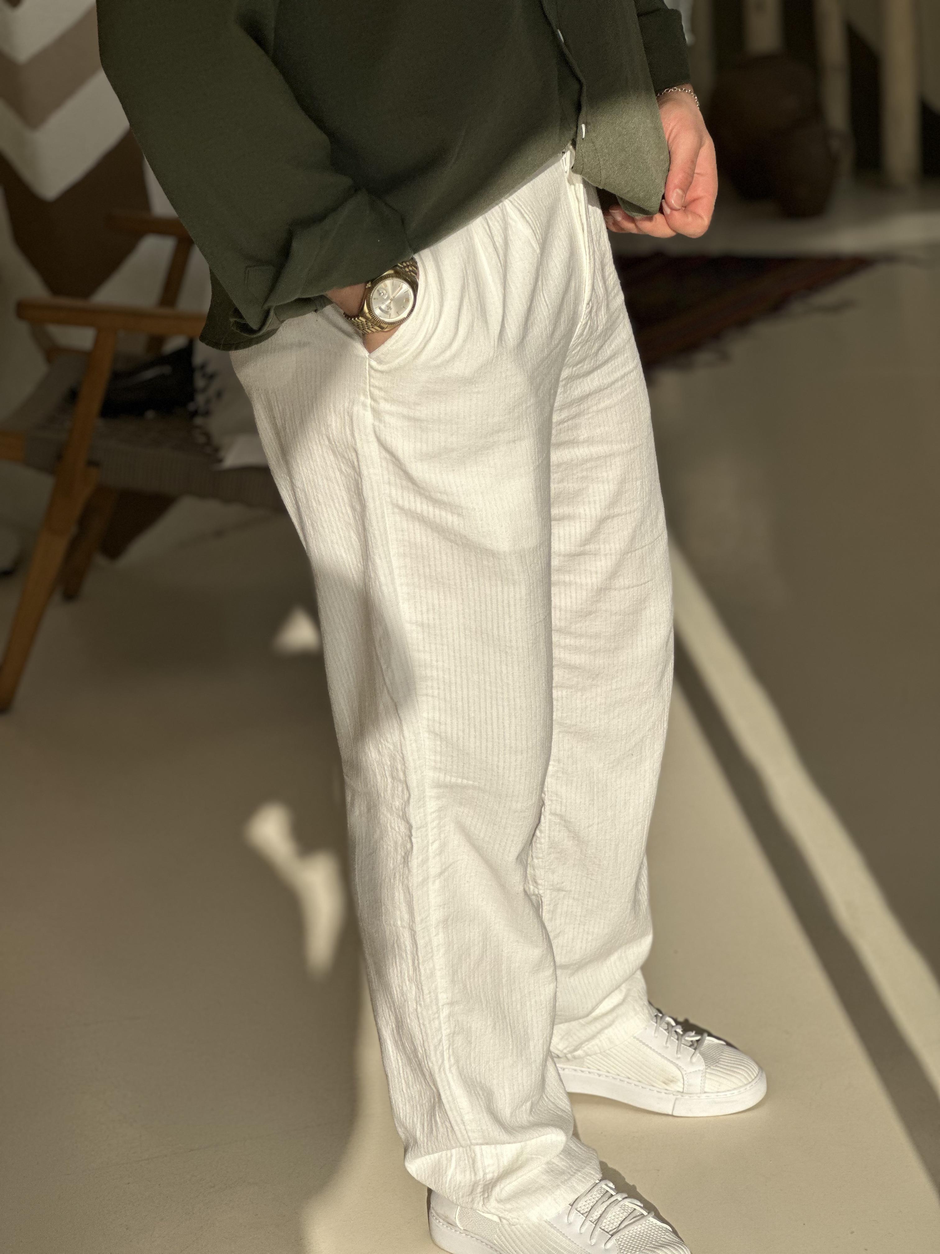 Beyaz Keten Baggy Pantolon Düğmeli