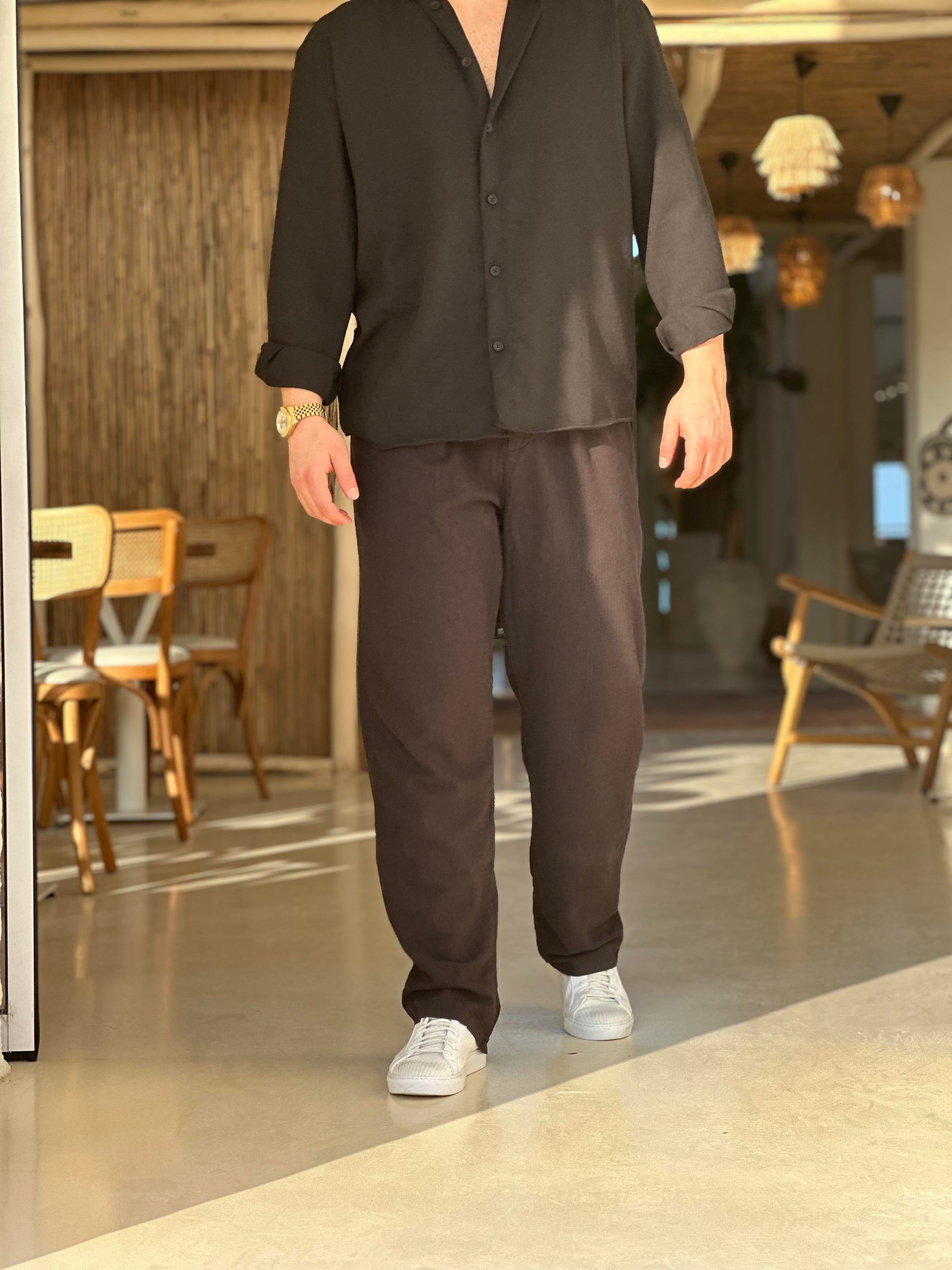 Keten Baggy Pantolon Düğmeli