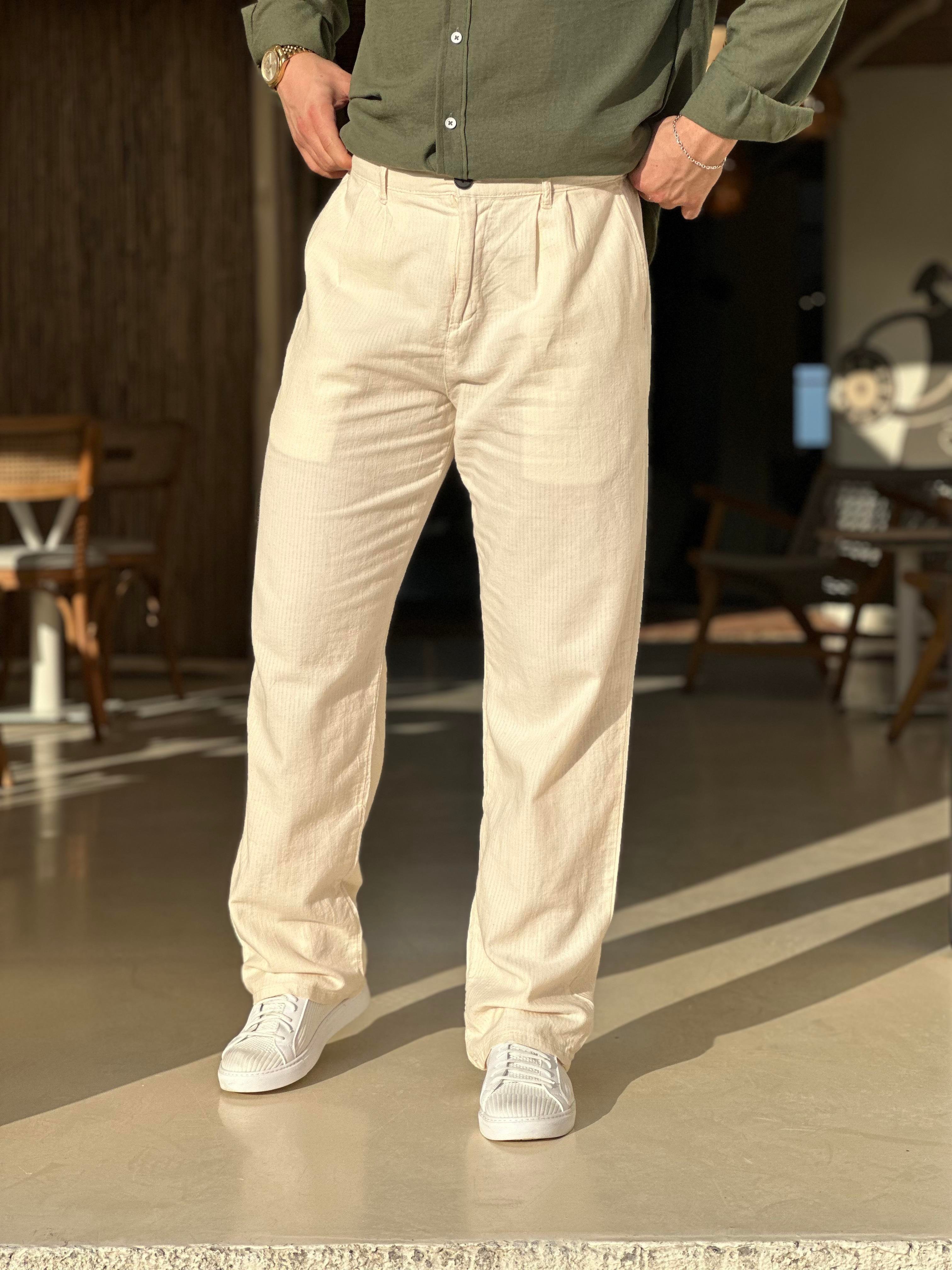 Krem Keten Baggy Pantolon Düğmeli