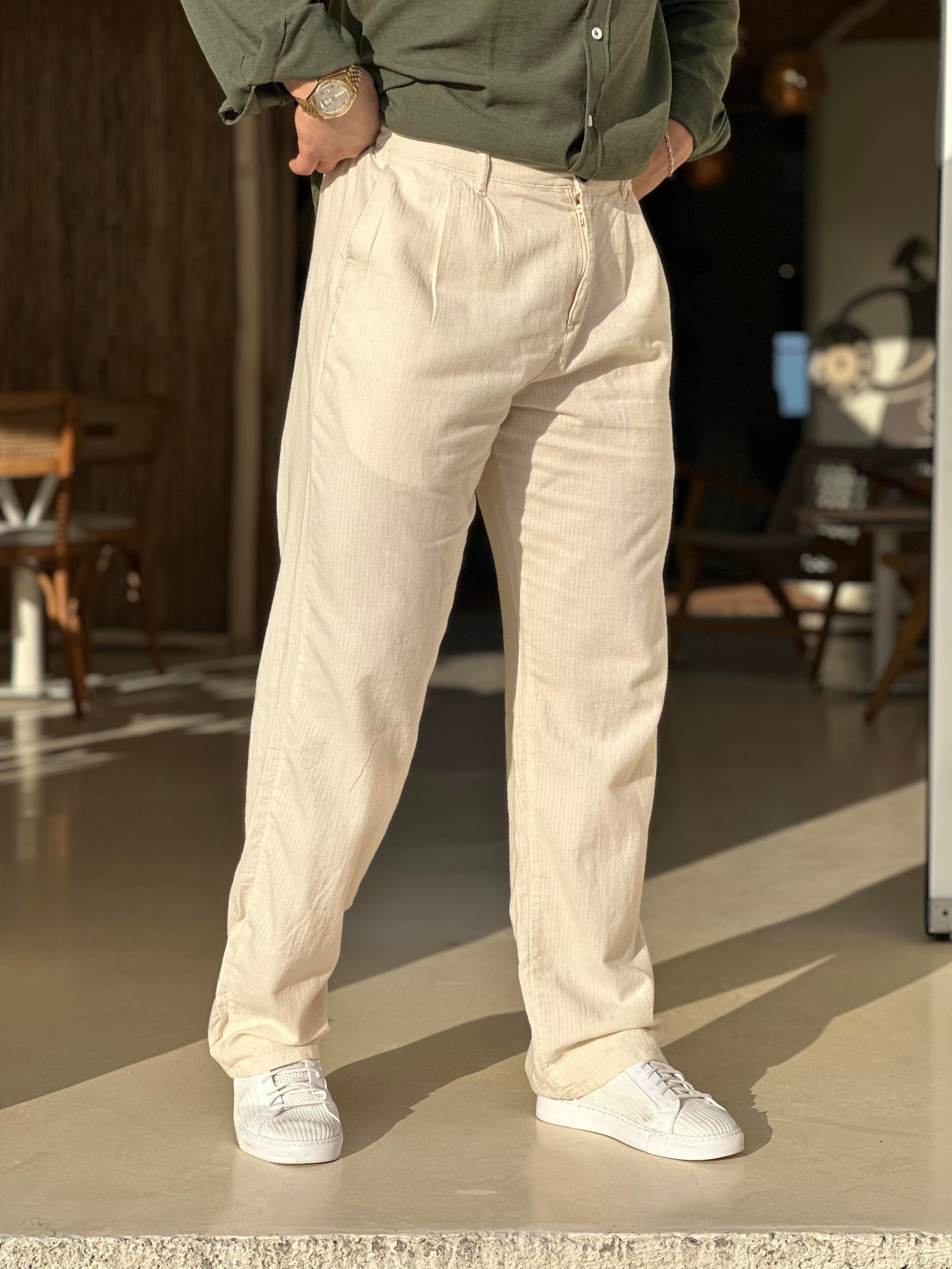 Krem Keten Baggy Pantolon Düğmeli