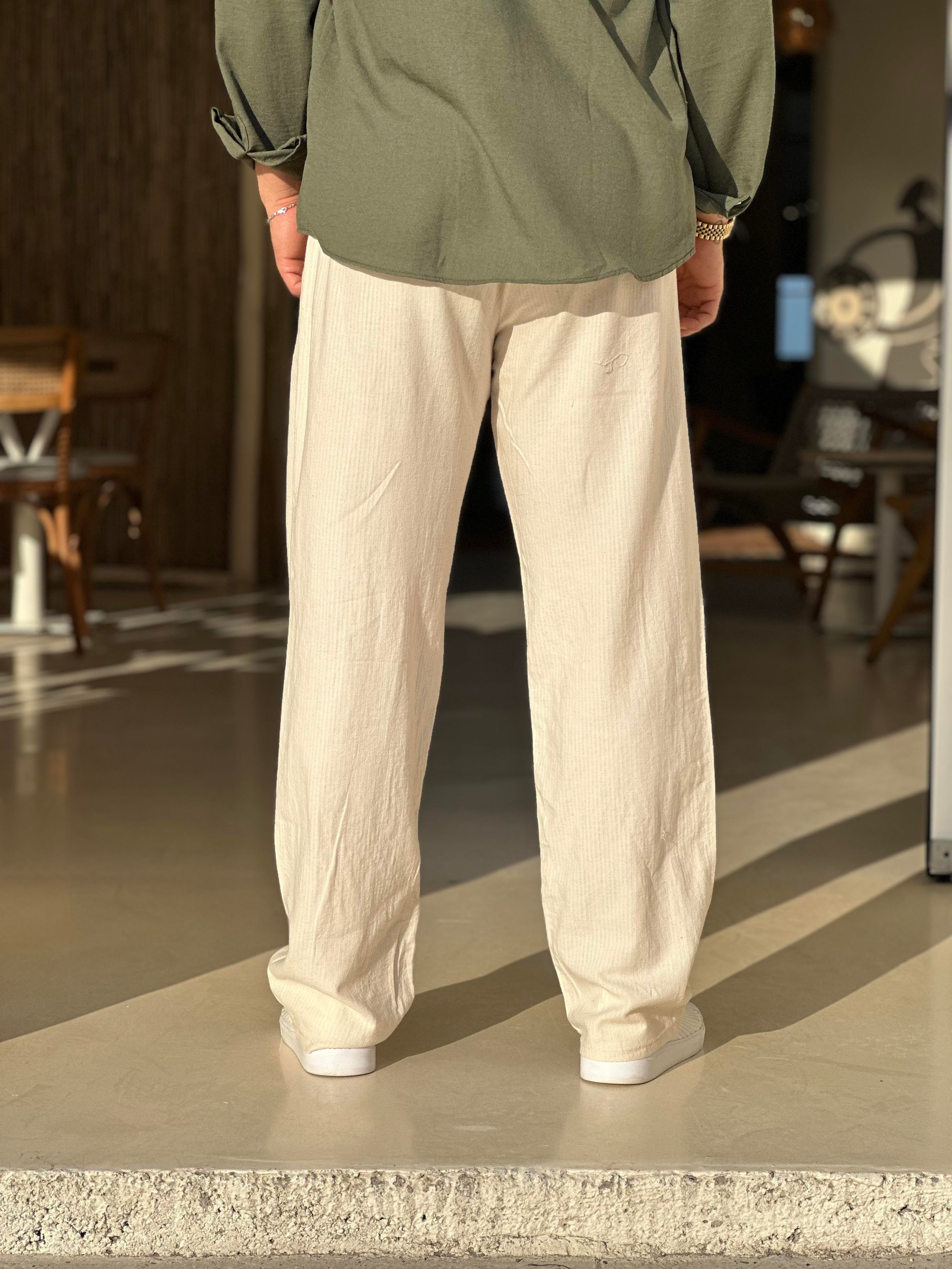 Krem Keten Baggy Pantolon Düğmeli