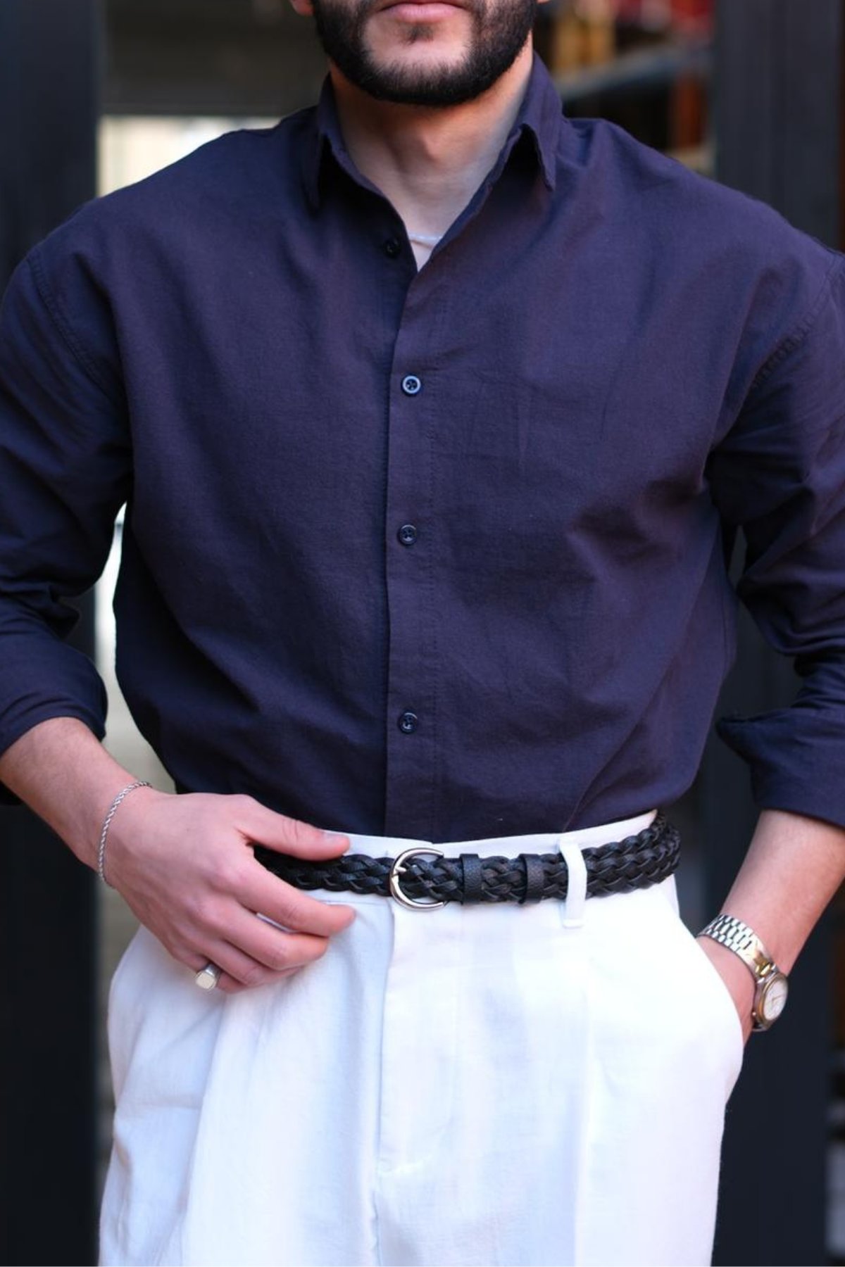 %100 Ham Keten Minas  Old Money Rahat Kalıp Gömlek Lacivert