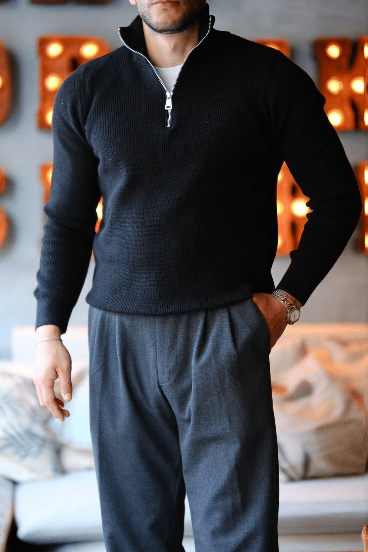 Bellonari Half Zip Pamuklu Old Money Kazak Siyah