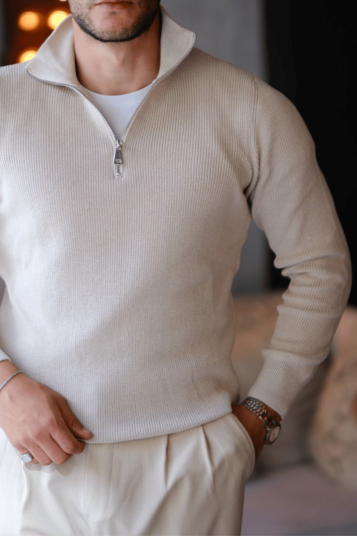 Bellonari Half Zip Pamuklu Old Money Kazak Bej