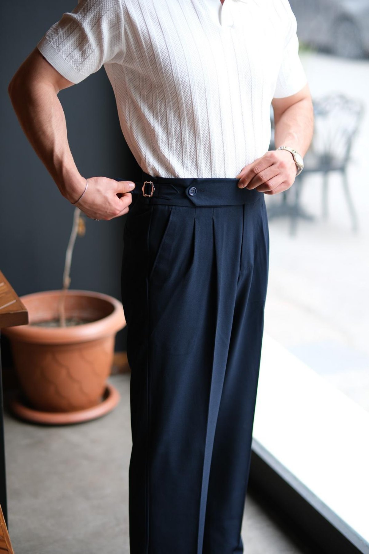 İtalyan Model Toka Detaylı Montiero  Pileli Baggy Kumaş Pantolon Lacivert