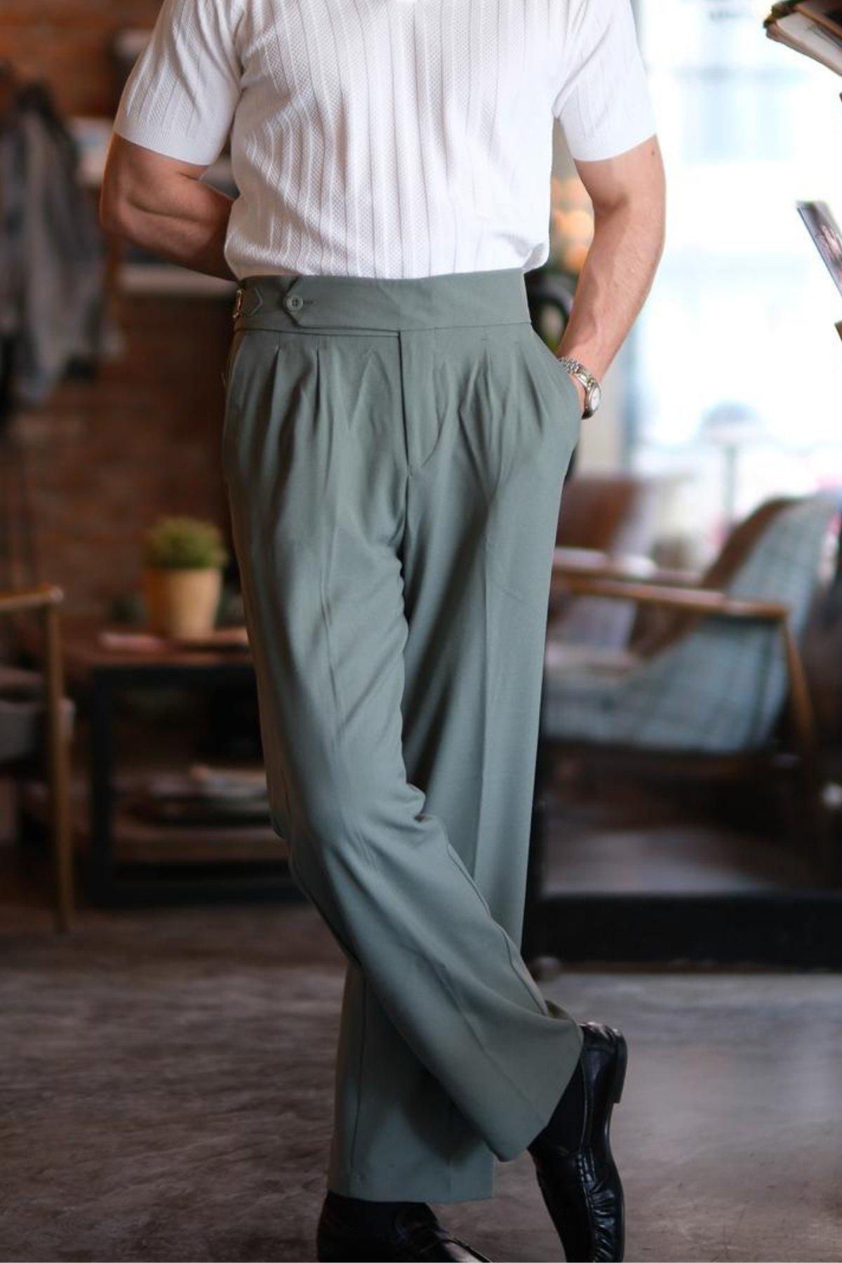 İtalyan Model Toka Detaylı Montiero  Pileli Baggy Kumaş Pantolon Çağla Yeşil